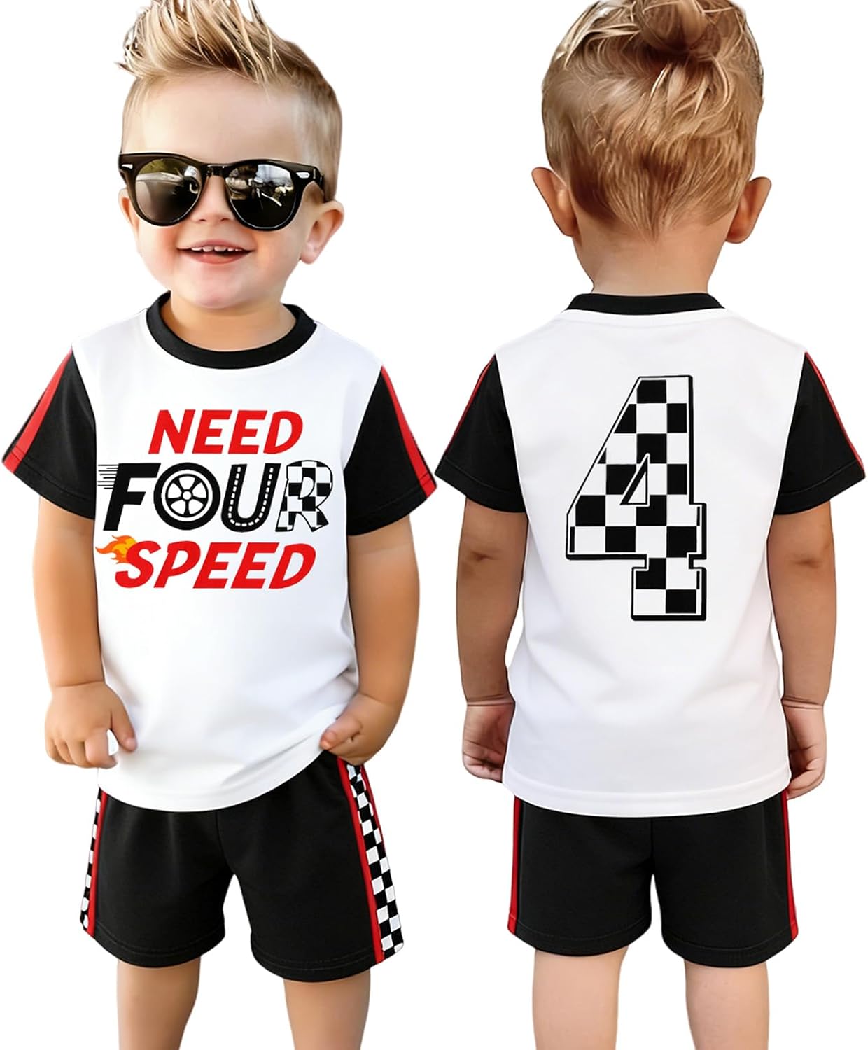 GLIGLITTR 4th Birthday Boy Outfit Need Four Speed Birthday T-Shirts and Race Car Shorts Set Kids 4 Year old Summer Clothes