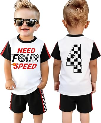 GLIGLITTR 4th Birthday Boy Outfit Need Four Speed Birthday T-Shirts and Race Car Shorts Set Kids 4 Year old Summer Clothes