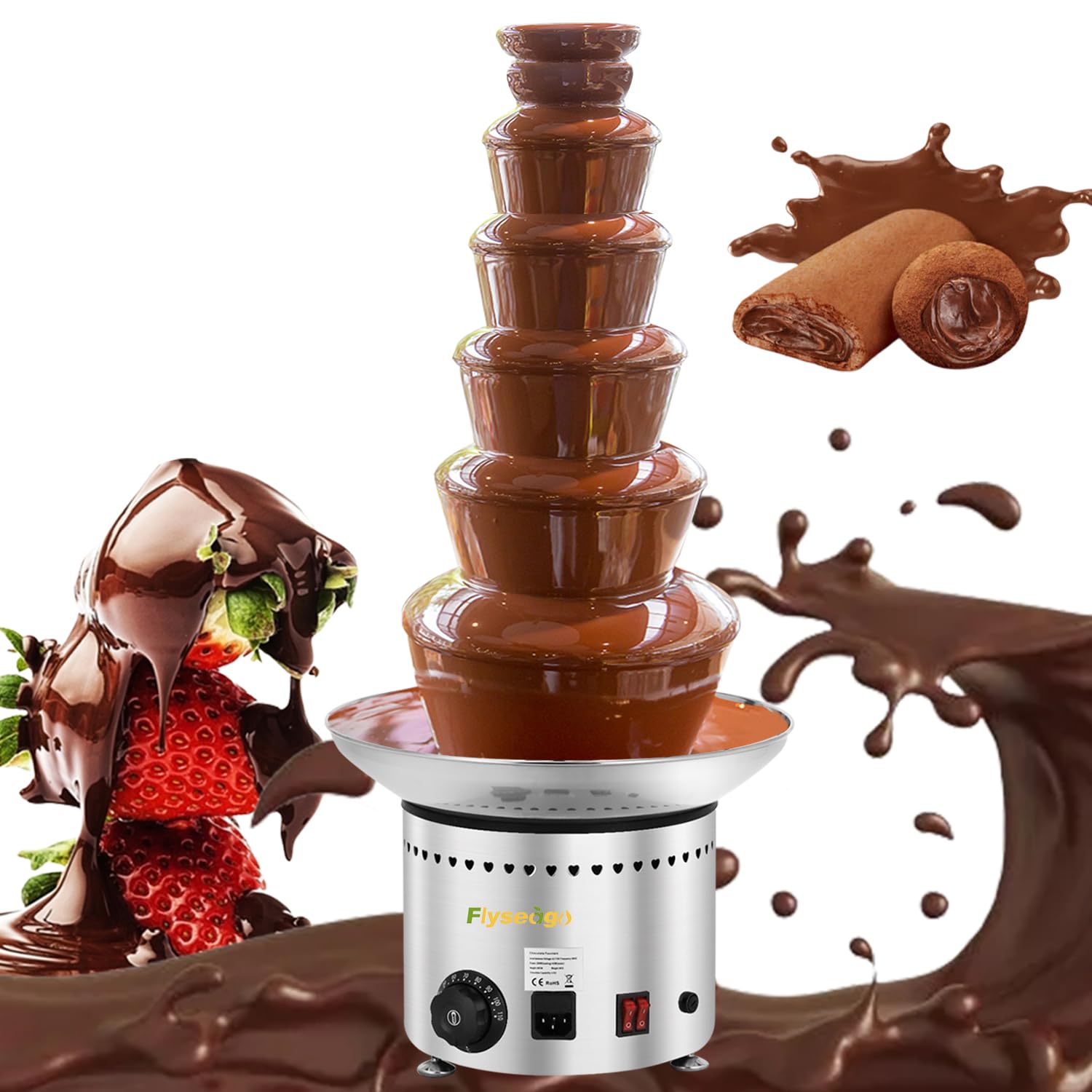 Flyseago Commercial Chocolate Fountain 6 Layers 19Lbs Large Chocolate Fondue Tower Stainless Steel Hot Chocolate Waterfall for Nacho Cheese Knob Control 220V