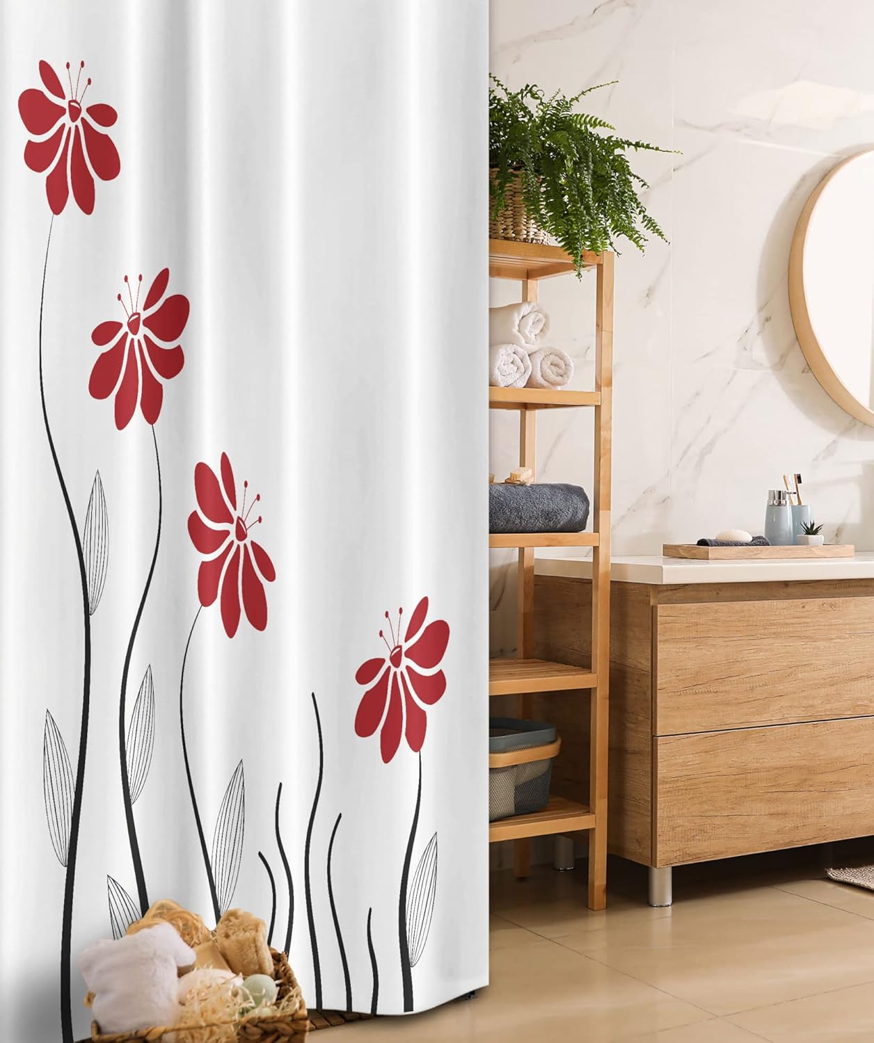 Ambesonne Flower Stall Shower Curtain, Floral Petals with Striped Leaves and Lines Modern Style Geometrical Design Print, Fabric Bathroom Decor Set with Hooks, 36" W x 72" L, Red Black