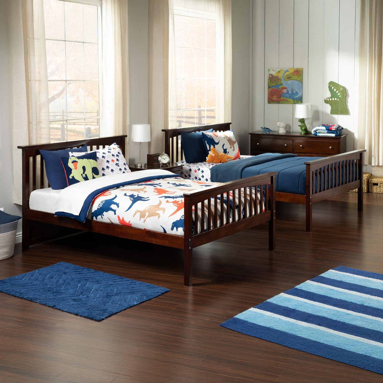 HomeStock Full Over Full Solid Wood Ladder Bunk Bed in Walnut