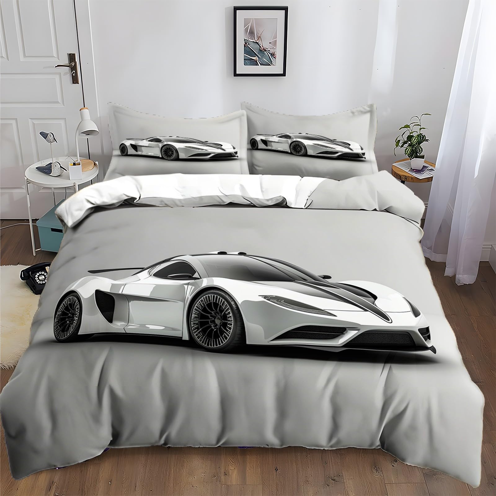 Housse de couette 220x240 voiture de sport grise pour lit enfant et ado