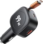 USB-C Car Charger 99W, Retractable Car Charger Fast Charger with 3 Ports (QC 3.0 & 2 PD) Ultra-Compact Type-C Fast Car Charger with 2.3ft Built-in Cable Cigarette Lighter Adapter for All Phones