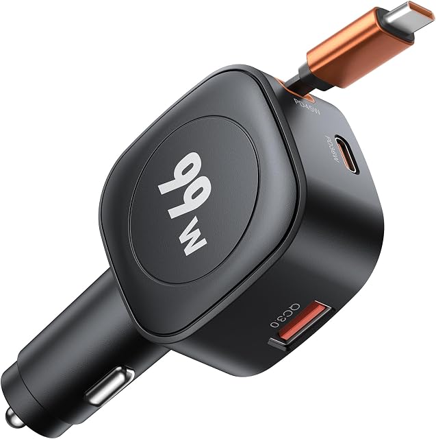 USB-C Car Charger 99W, Retractable Car Charger Fast Charger with 3 Ports (QC 3.0 & 2 PD) Ultra-Compact Type-C Fast Car Charger with 2.3ft Built-in Cable Cigarette Lighter Adapter for All Phones