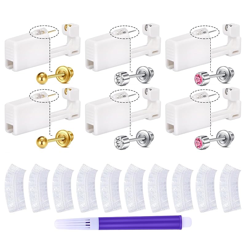 QWALIT Kit para Piercing de Orelha com 3 Pares de Brincos Descartáveis, Prateado e Dourado