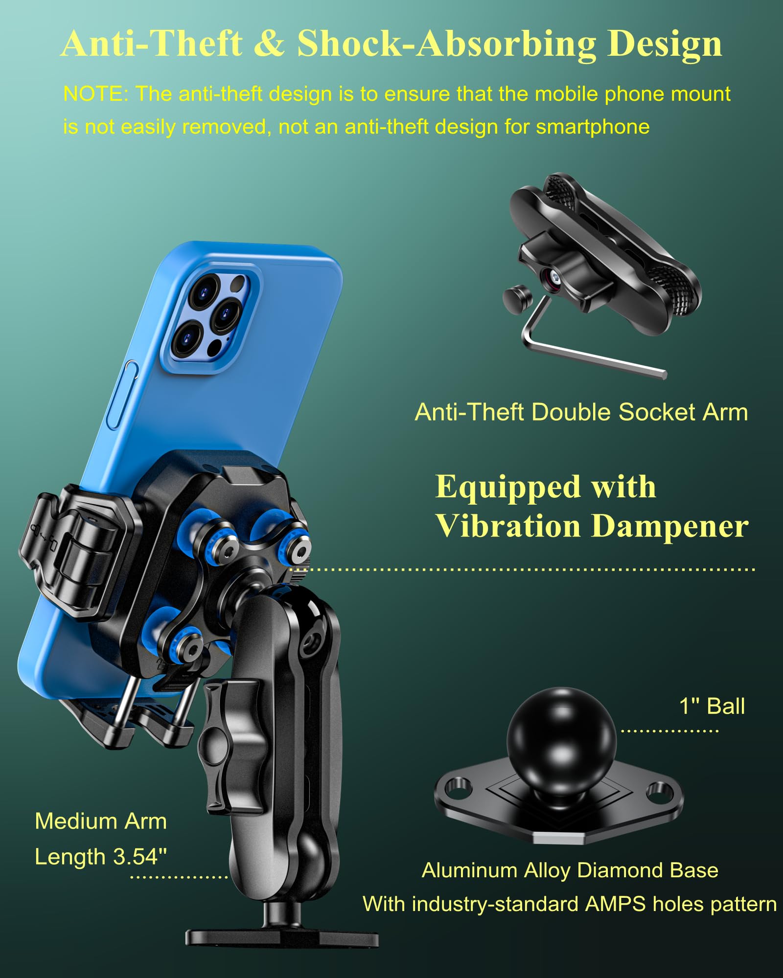 RCOVAN Handyhalterung mit Vibrationsdämpfer und 1-Sperrschalter | mit Diamant Aluminiumbasis und Arm, für Auto, Boot, Lkw, Motorrad und UTV, für Smartphones von 5,4 bis 7,2 Zoll