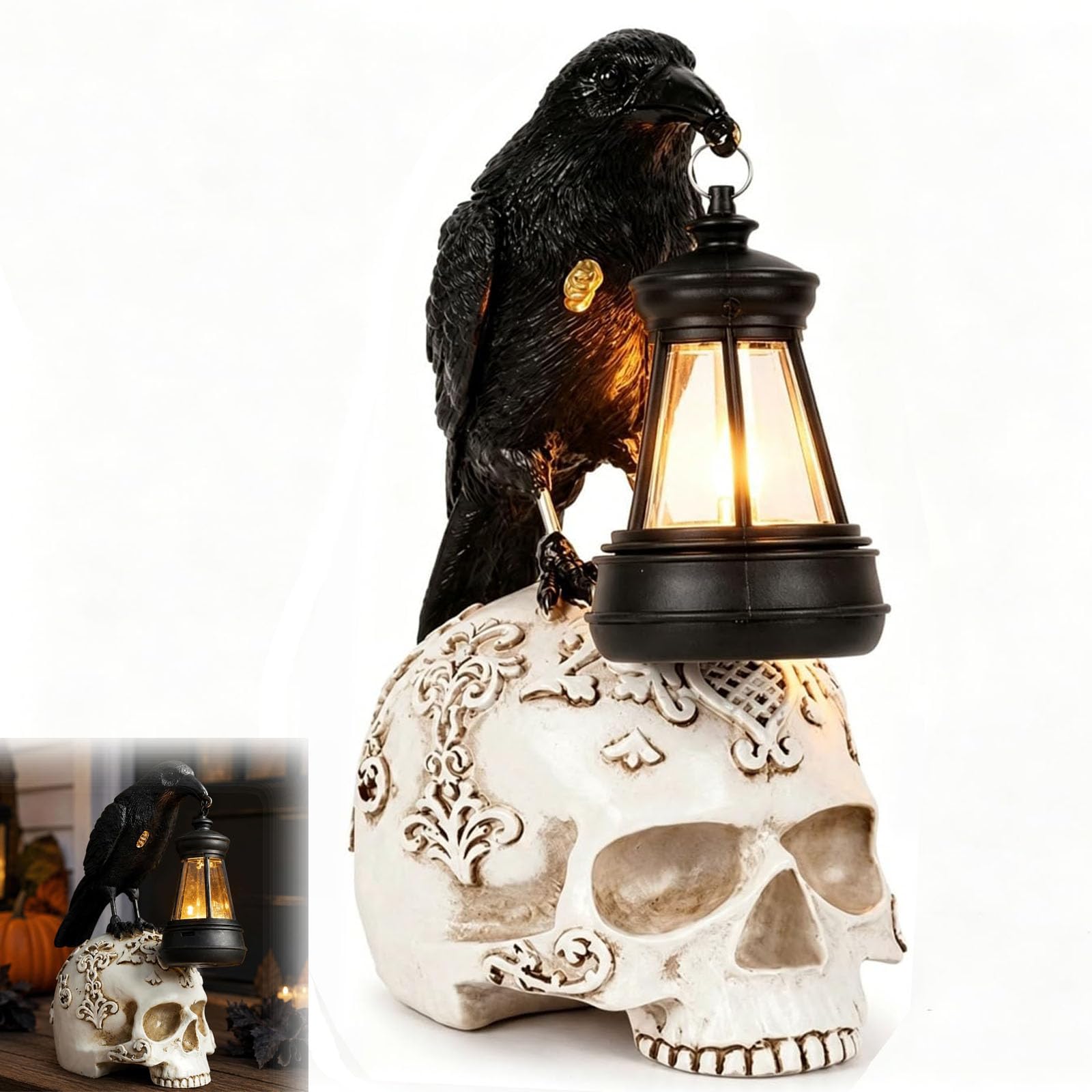 Yacriso Crow Skull Lamp Halloween Decor, Solar Gothic Raven Night Light Resin Statue, Handcrafted Retro Skeleton Lamp, Outdoor Indoor Halloween Decoration for Bedroom Garden Tabletop Gift (White)