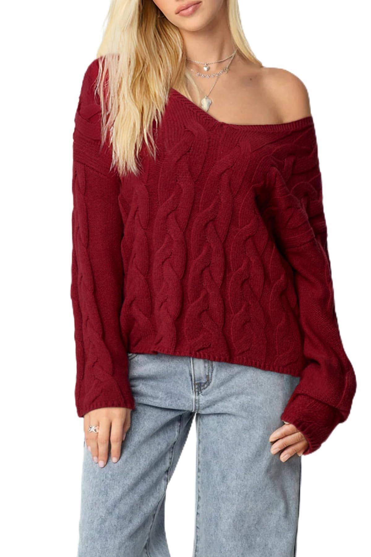 SUUKSESS Women Oversized Cable Sweaters V Neck Long Sleeve Knit Trendy Outfits