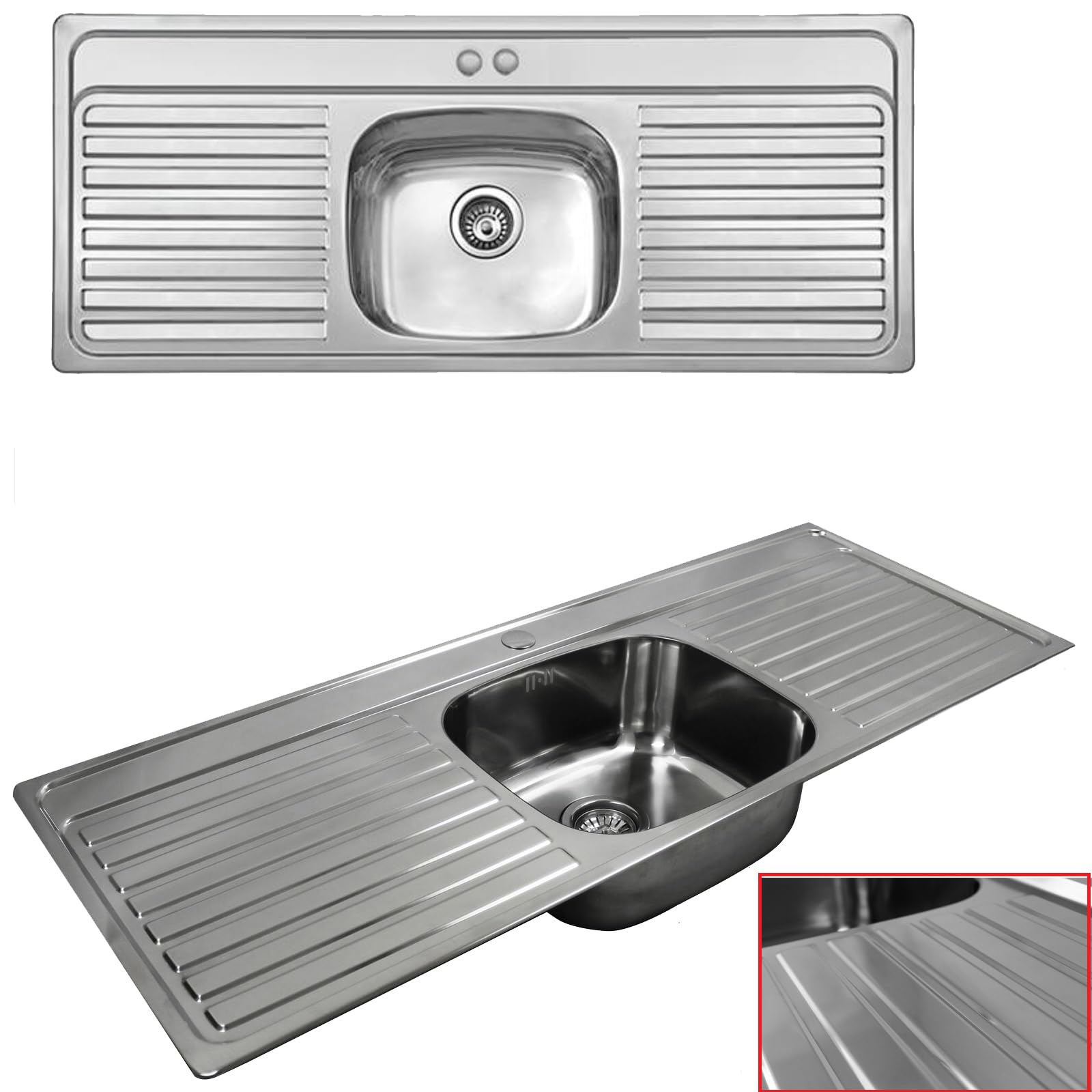ARA CHOICE Stainless Steel Reversible Single Bowl Kitchen Sink Double Drainer 2/Twin Tap Holes Waste Plumbing Kit with Drainer & Inset Wastes Set
