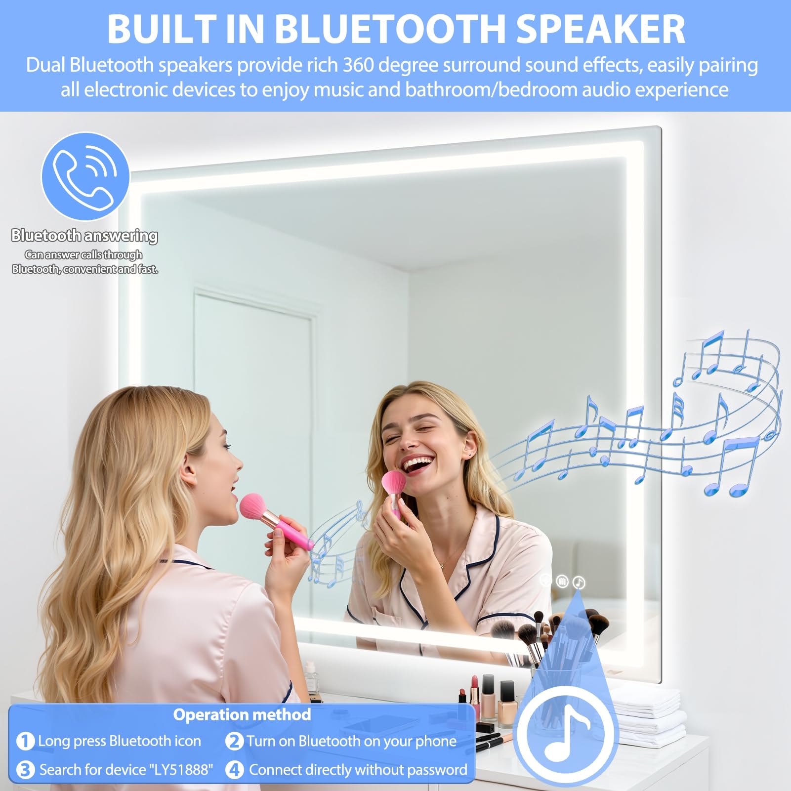 Miroir LED Salle de Bain 100x80 cm, Antibué, Haut-Parleurs Intégrés, Éclairage 3 Températures avec Toucher Sensible, Mémoire d’Éclairage – Mural pour Toilette B