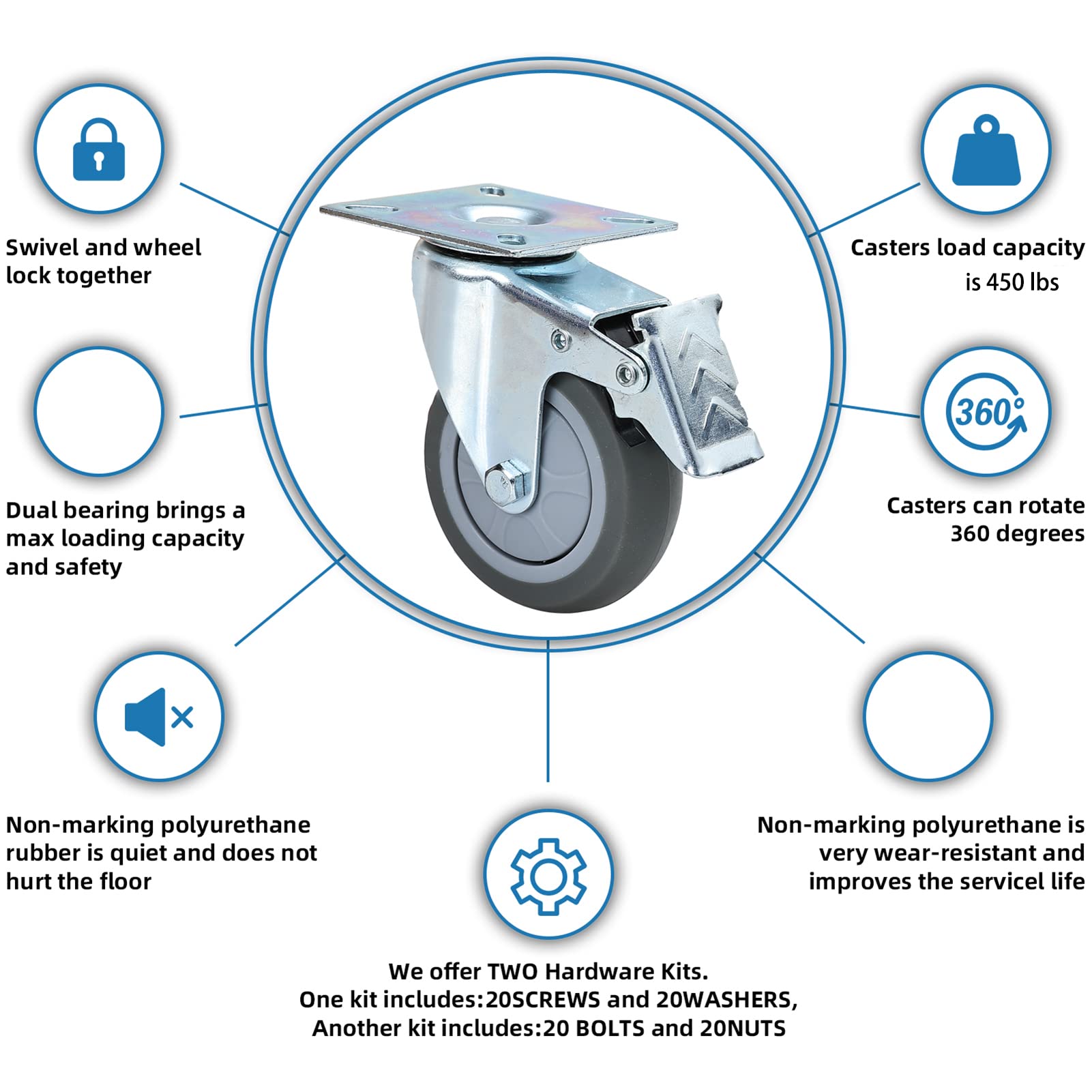 3 Inch Swivel Caster Wheels Set of 4 Heavy Duty Swivel Plate Casters