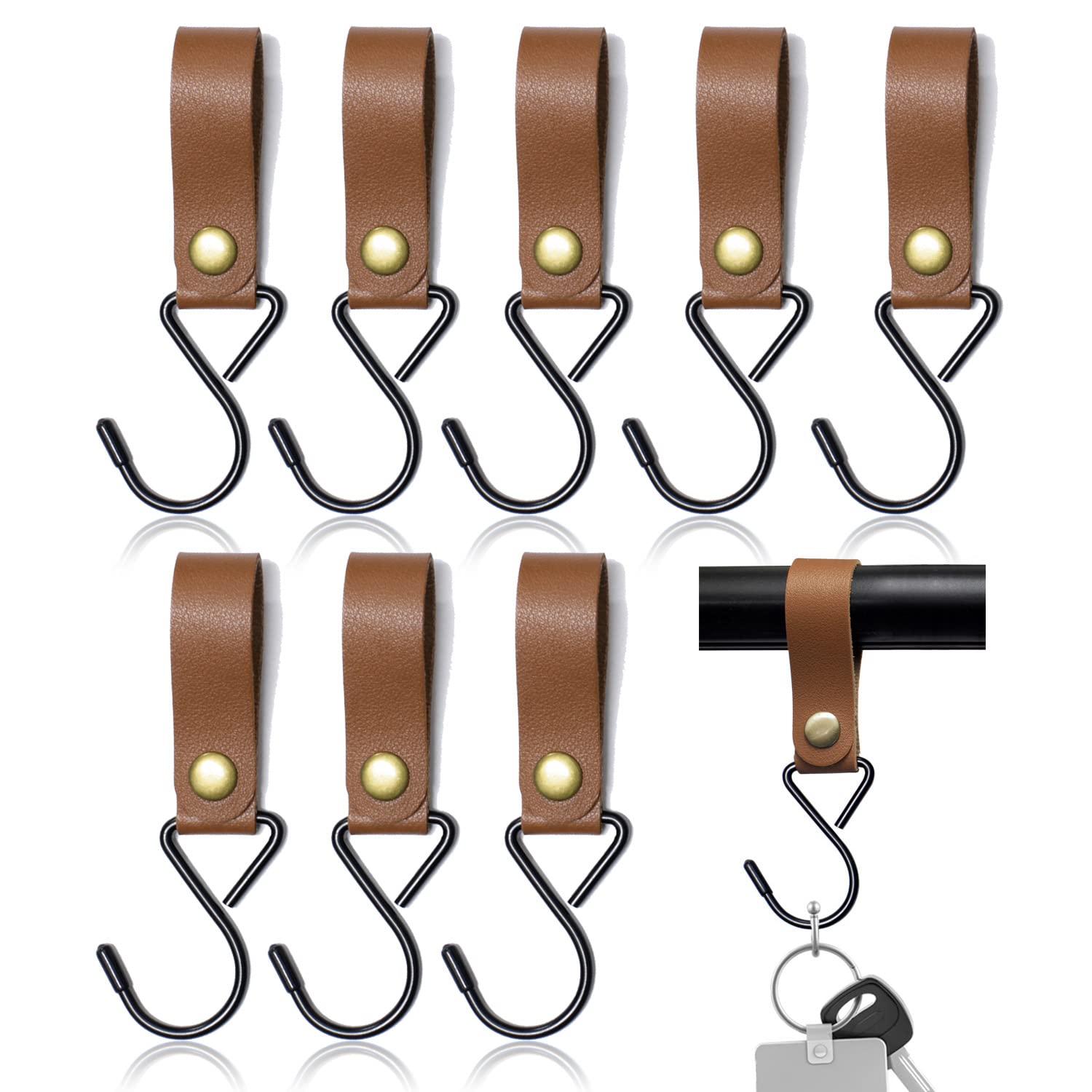 8Pcs Leather S-Hooks, Metal S Shaped Hooks For Hanging, Camping Hook Hanger Stroller Hooks, Leather Hooks For Coat Towel Kitchen Bathroom, Brown 5039112796483