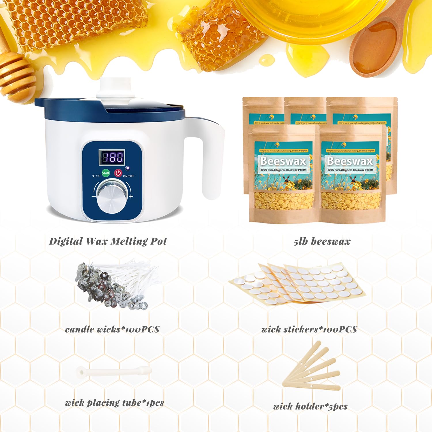 KQU Beeswax Candle Making Kit for Adults, 5lb Beeswax, LED Display Wax Melter, Cotton Wick, Wick Stickers