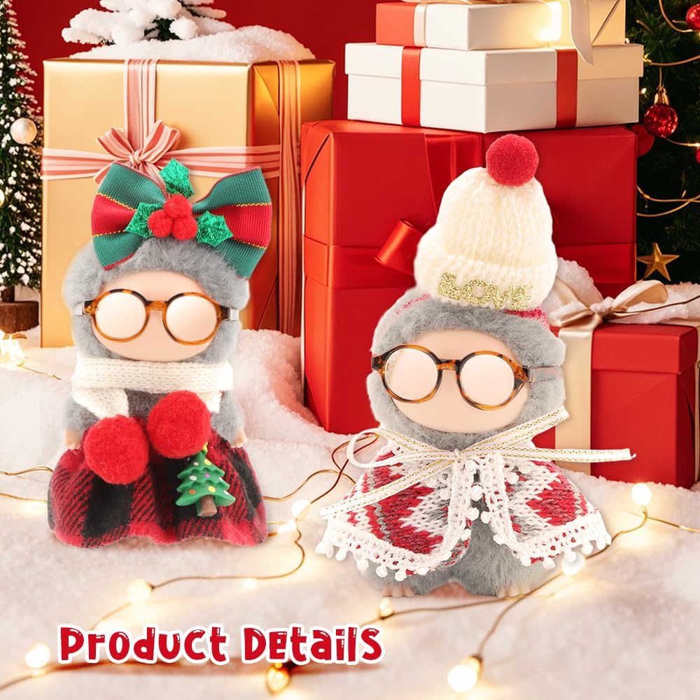 WALLFID Christmas Doll Clothes for Mini Labubu, 4-Piece Handmade Outfit Set with Dress, Bow, Scarf & Glasses, Cute Holiday Dress Up Costume for 10cm Dolls (No Doll) (style2)