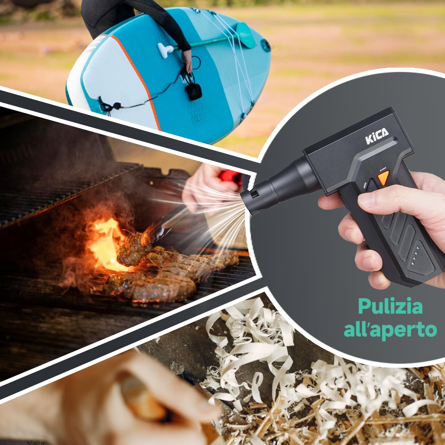 Kica JetFan Ultra Elettrico Soffiatore di polvere&Spray ad aria compressa,110,000RPM,Velocità del vento 48 m/s,Ricaricabile USB, Air Duster per PC,Tastiera,Auto,Divano e ufficio con doppia luce LED