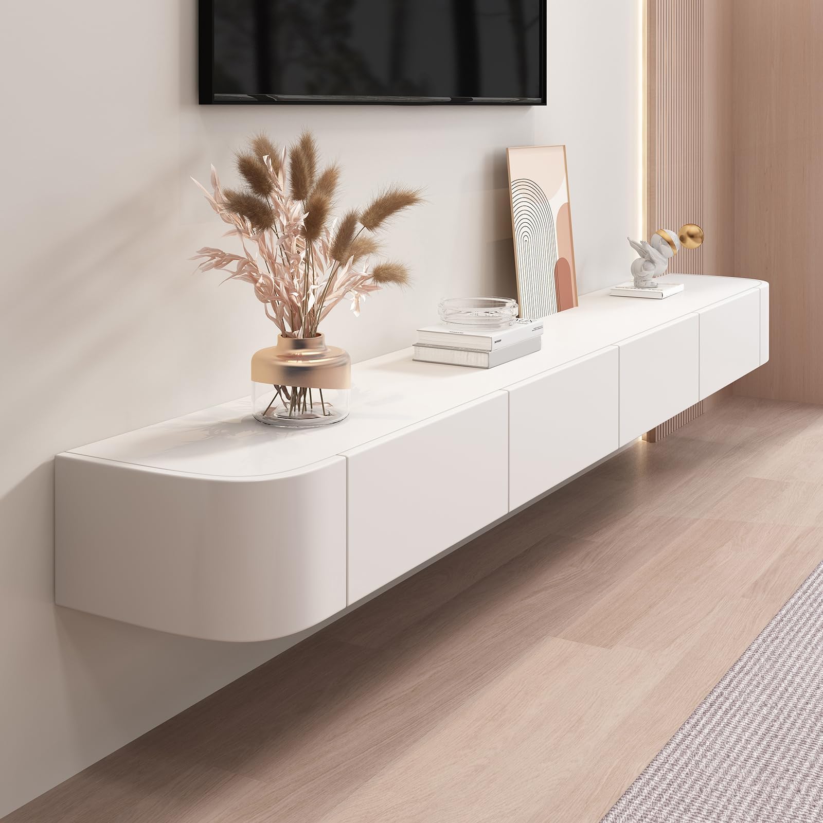 Wall Hung TV Bench, Wall Mounted TV Shelves with Door, TV Media Console, Floating TV Cabinet with Large Storage Space Under The TV (White, 180cm)