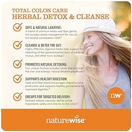 Naturewise Total Colon Care Herbal Cleanse - With Prebiotics, Botanicals, & Antioxidants - for Regular Bowel Movement, Digestion, Gut Health - Vegan, Gluten-Free, Non-GMO - 60 Capsules[2-Month Supply]