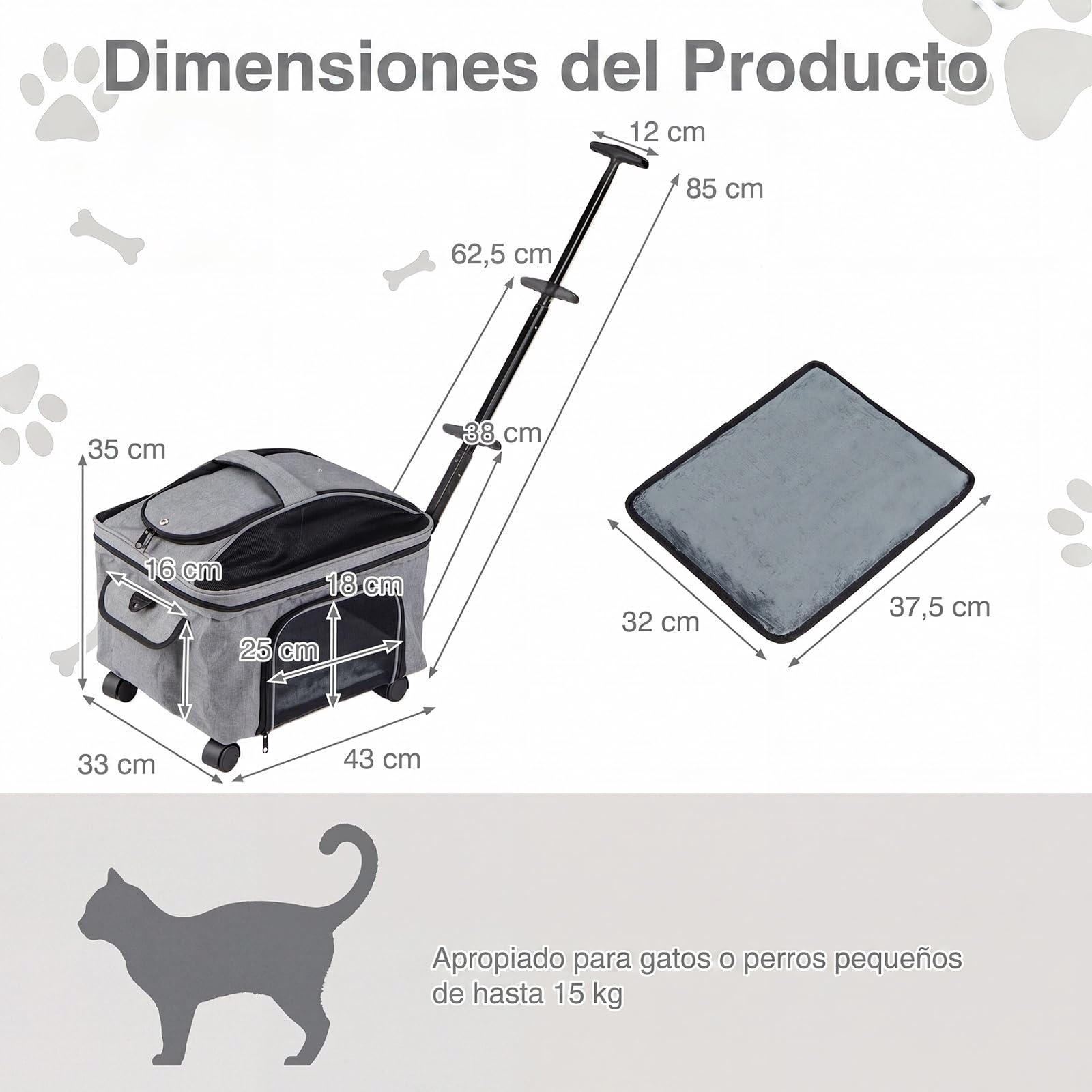 COSTWAY Transportín para Mascotas con Ruedas y Asa Telescópica | 33 x 43 x 35 cm Transportin para Perros y Gatos con Correa para Hombro, Alfombra Lavable, Ventanas Transpirables, Cremalleras