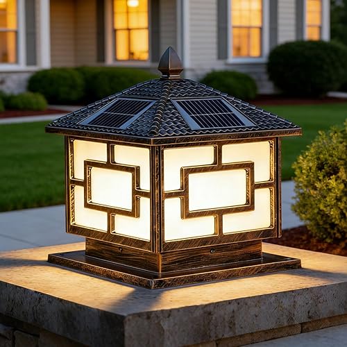 Luces solares para postes al aire libre, IP65, impermeables, de bronce, lámparas de columna exterior de 9.8 pulgadas, luces de pilar de aluminio