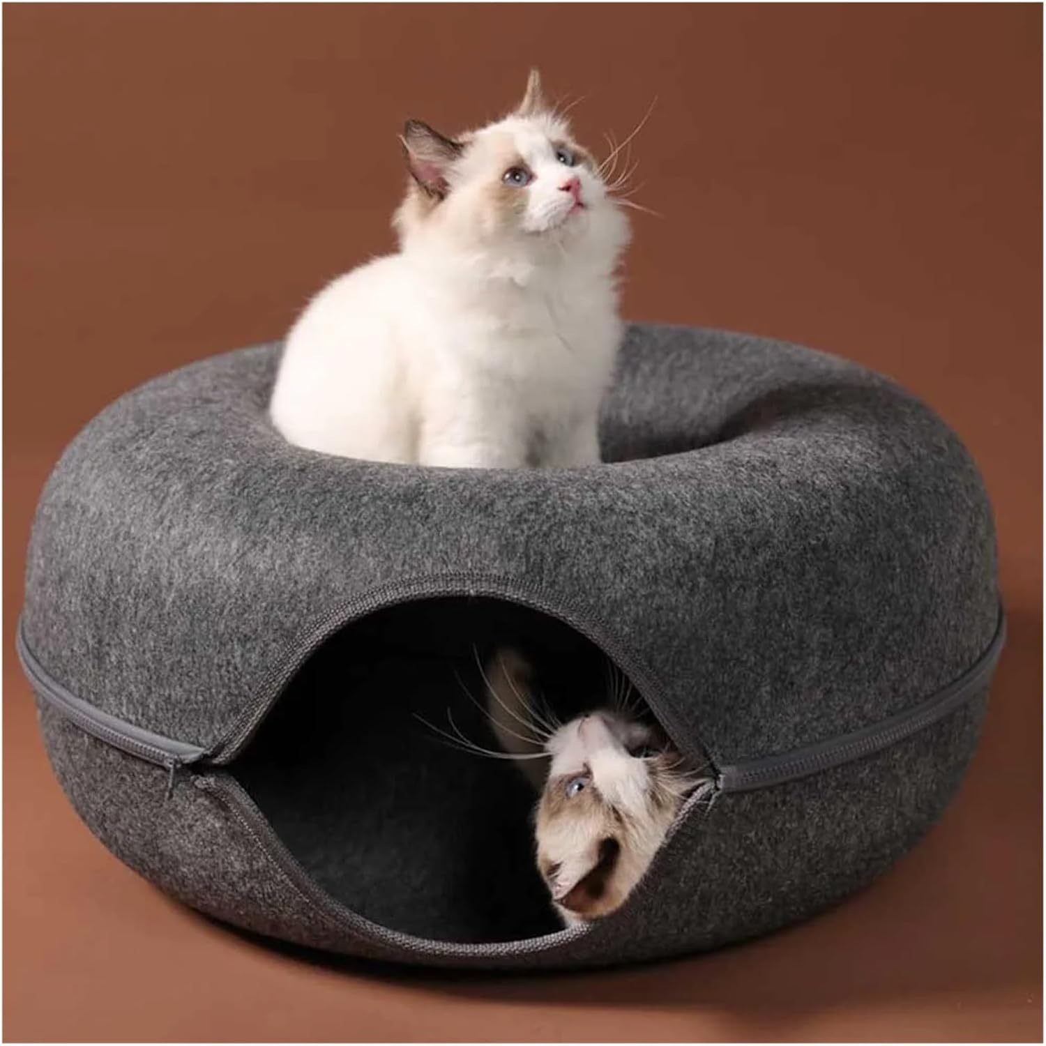 cat House. Donut Cat Tunnel Bed Pets House Natural Felt Pet Cat Cave Toys Round Wool Felt Pet Bed Small Dogs Cat Interactive Play Toys(Grey)