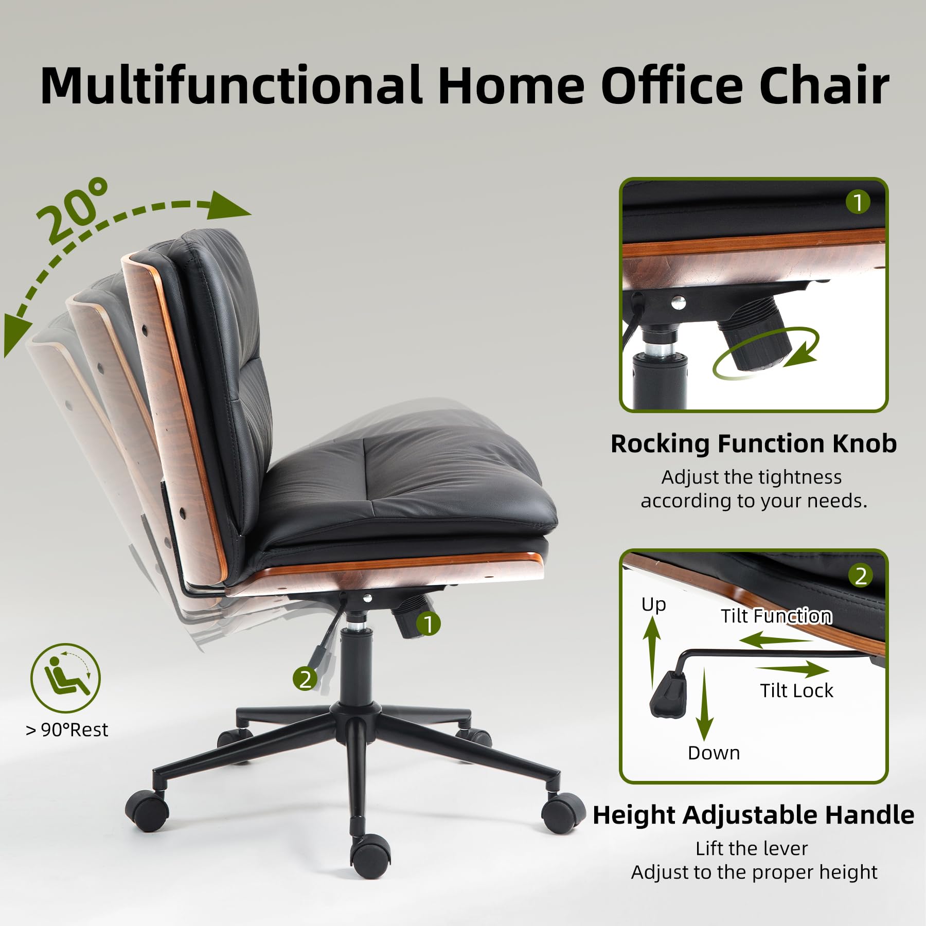 Office Chair, Criss Cross Legged Office Desk Chairs with Wheels, PU Leather Adjustable Swivel Walnut Task Chair with Wide Seat, Ergonomic Mid Back Computer Chair for Meeting Room, Home