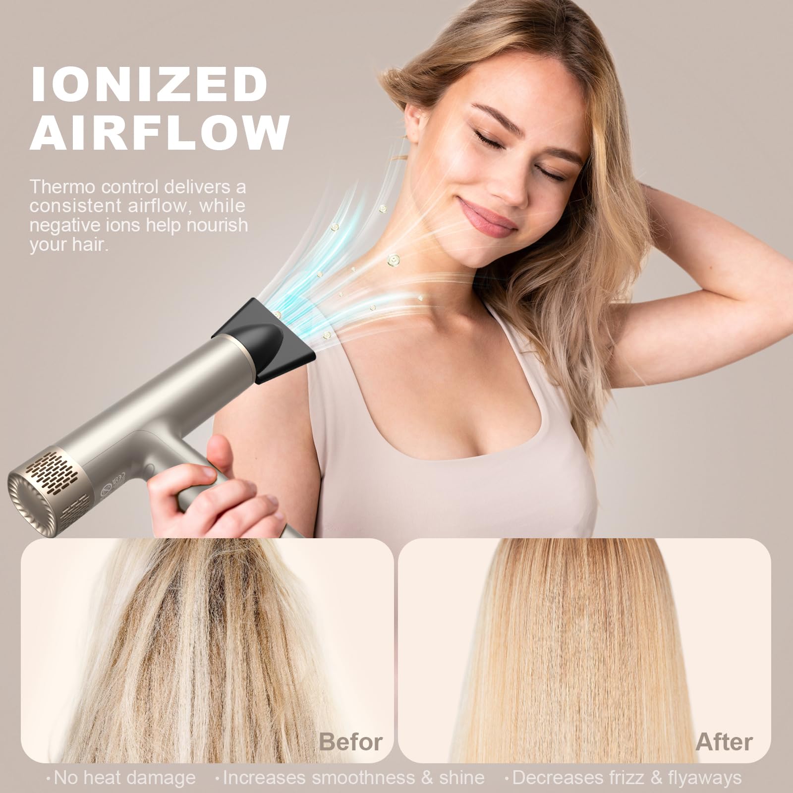 YAPOY Phon Capelli da 1500 W con Motore Brushless da 110.000 Giri/min per Asciugatura Rapida, Asciugacapelli Ionico Negativo da 200 Milioni di Termocontrollo a Basso Rumore - Argento