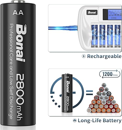 Miniatura 2 de BONAI Rechargeable AA Batteries with Charger, 8+1 Bay AA Battery Charger with LCD Display for 1.2V NiMH NiCD AA AAA 9V, 2800mAh High Capacity Low