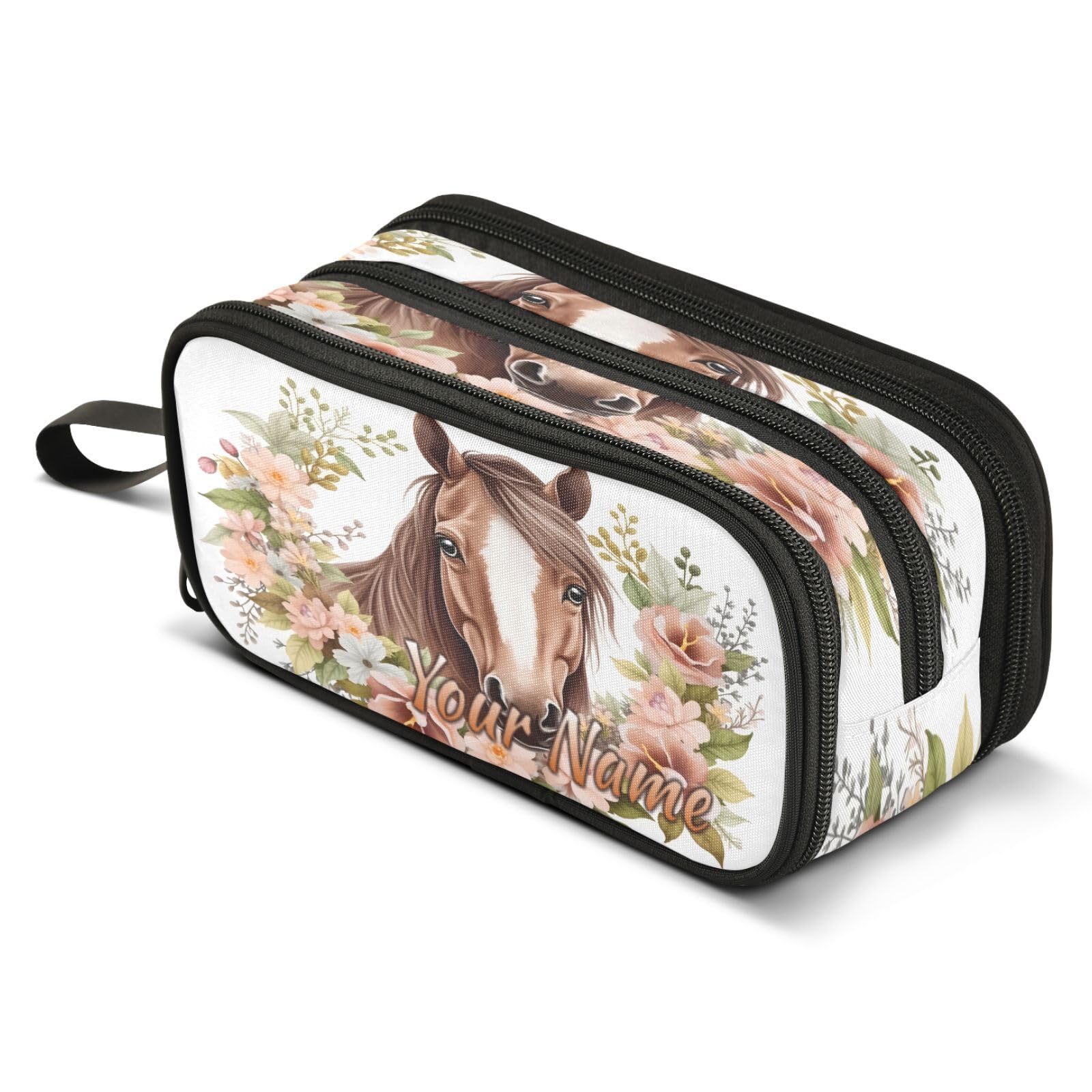 Mnsruu Personalised Pencil Case Custom Pencil Pouch with Your Name Horse Head Flowers Large Stationery Pen Bag for Boys Girls Adults School Office — image 1