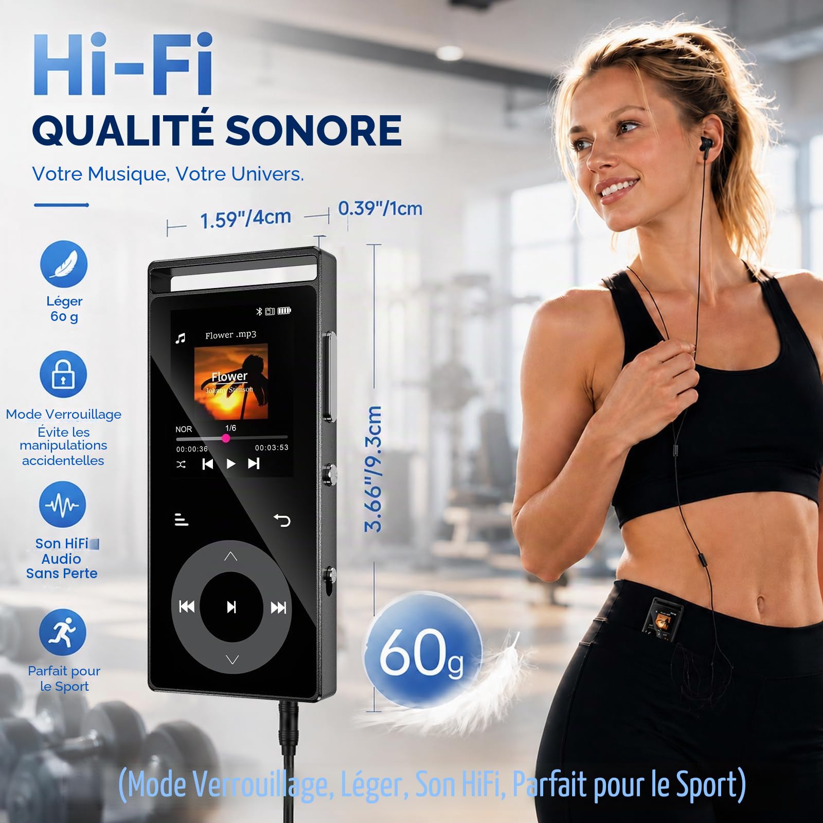 Lecteur Mp3 Bluetooth 5.3 Son HiFi, Boutons Tactiques, Structure Métall, Écran Couleur, Extension 128Go, Écouteurs Inclus Noir