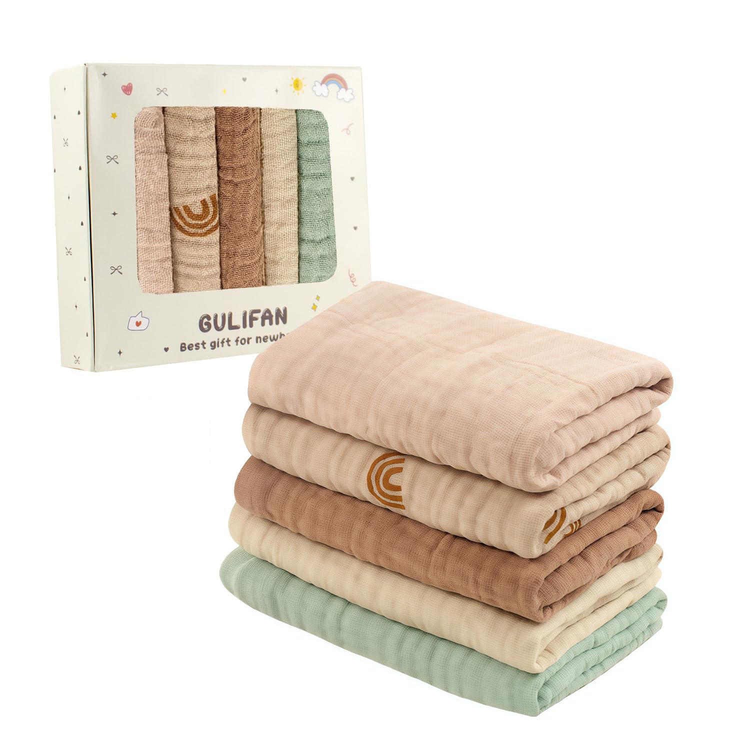 GULIFAN 5 Pack Baby Muslin Washcloths,100% Cotton Wash Cloth Set for Baby Face Body Comfy and Soft for Newborn Infants Kids Girls and Boys,Best Gift for Newborn Baby