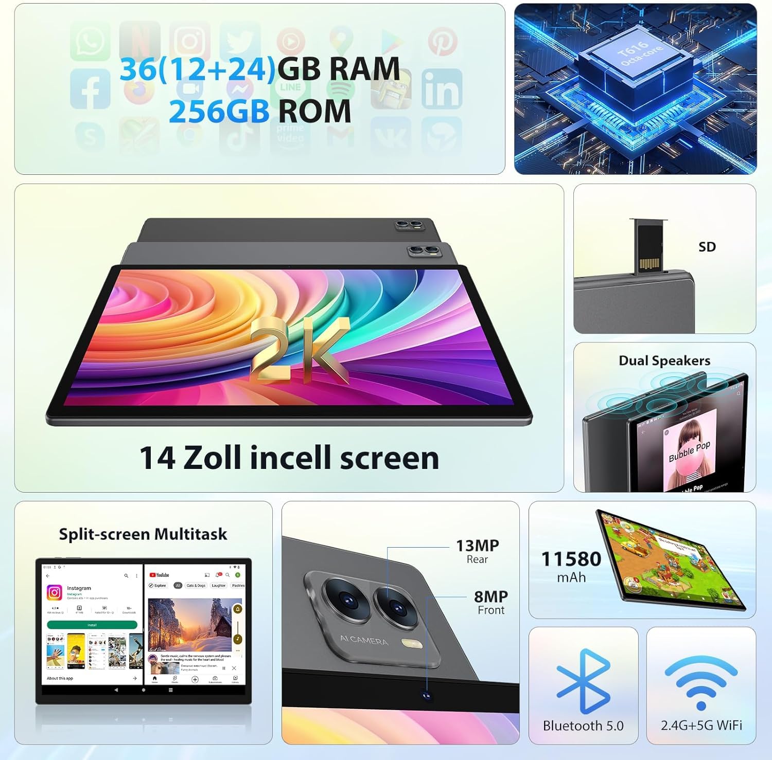 2025 Newest Tablet 14 Pollici Android 14 tablet,Tablet 5G WiFi(SIM non supportata),36GB RAM+256GB ROM,11580mAh,2000 * 1200 incell FHD+,Widevine L3,13MP+8MP,GPS/BT5/Tablet con fondina,Grigio