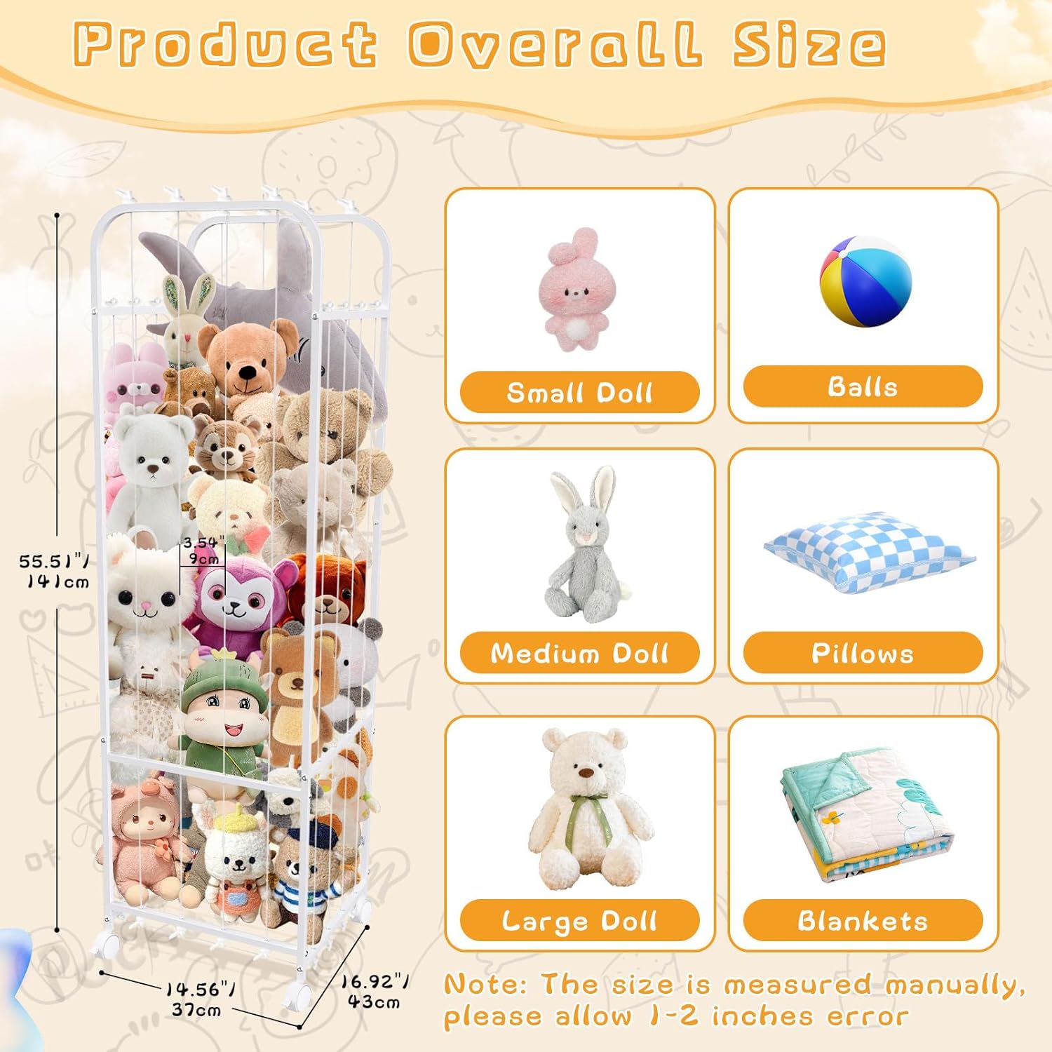 Stuffed Animal Zoo Storage Holder - Tall Metal Plushie Cage with Elastic Cords & 360° Lockable Wheels - Extra Large Toy Organizer for Nursery, Kids Playroom & Bedroom, White - Image 2