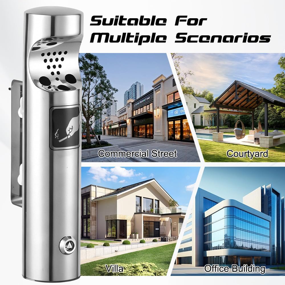 Cenicero Exterior Pared, Cenicero de Pared Exterior de Acero Inoxidable, Tubular con Cerradura, para Patios, Hoteles y Jardines