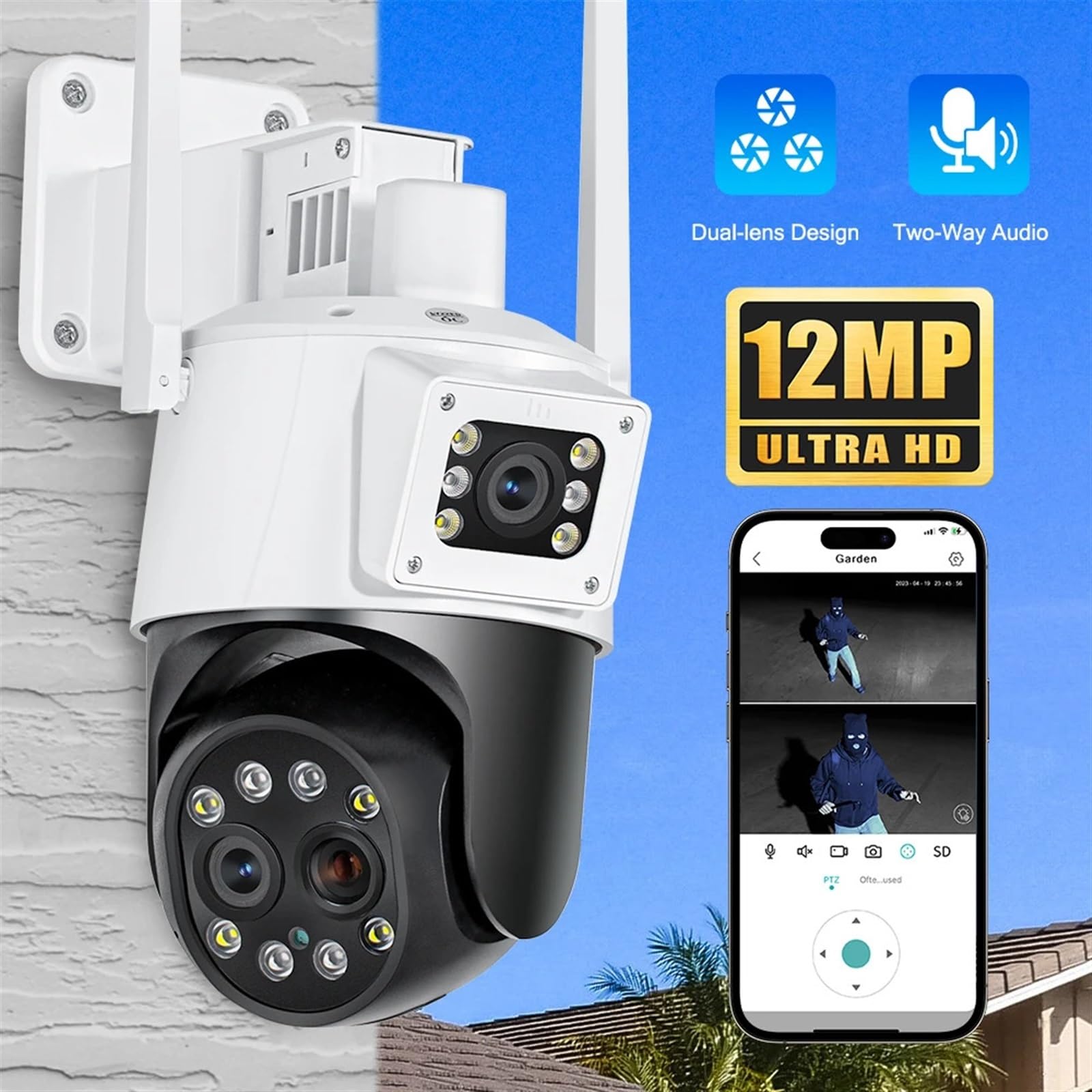 Kamera Bezpieczeństwa, Zewnętrzna kamera IP 6K 12MP Wi-Fi z 10-krotnym zoomem optycznym Trzy soczewki Len Podwójny ekran Nadzór 4K 8MP Kamera wideo CCTV(4K 8MP NO Card)