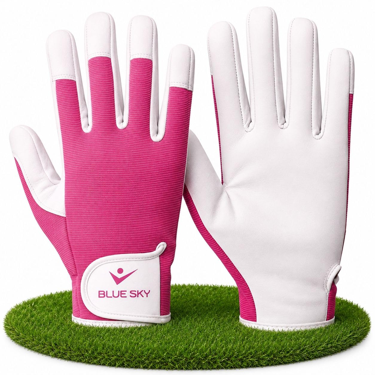 BLUESKYPORTS Gardening Gloves for Women & Men Breathable Work Gloves with Cowhide Leather Palm, Adjustable Velcro Wrist, Durable Garden Gloves for Planting, Weeding & Yard Work (Pink & White, XL)