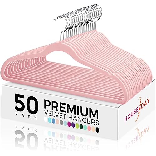 HOUSE DAY Premium Velvet Hangers 50 Pack Pink, Non-Slip Flocked Felt Hangers, Sturdy Clothes Hanger Heavy Duty Coat Hanger, Durable Slim for Closet Space Saving