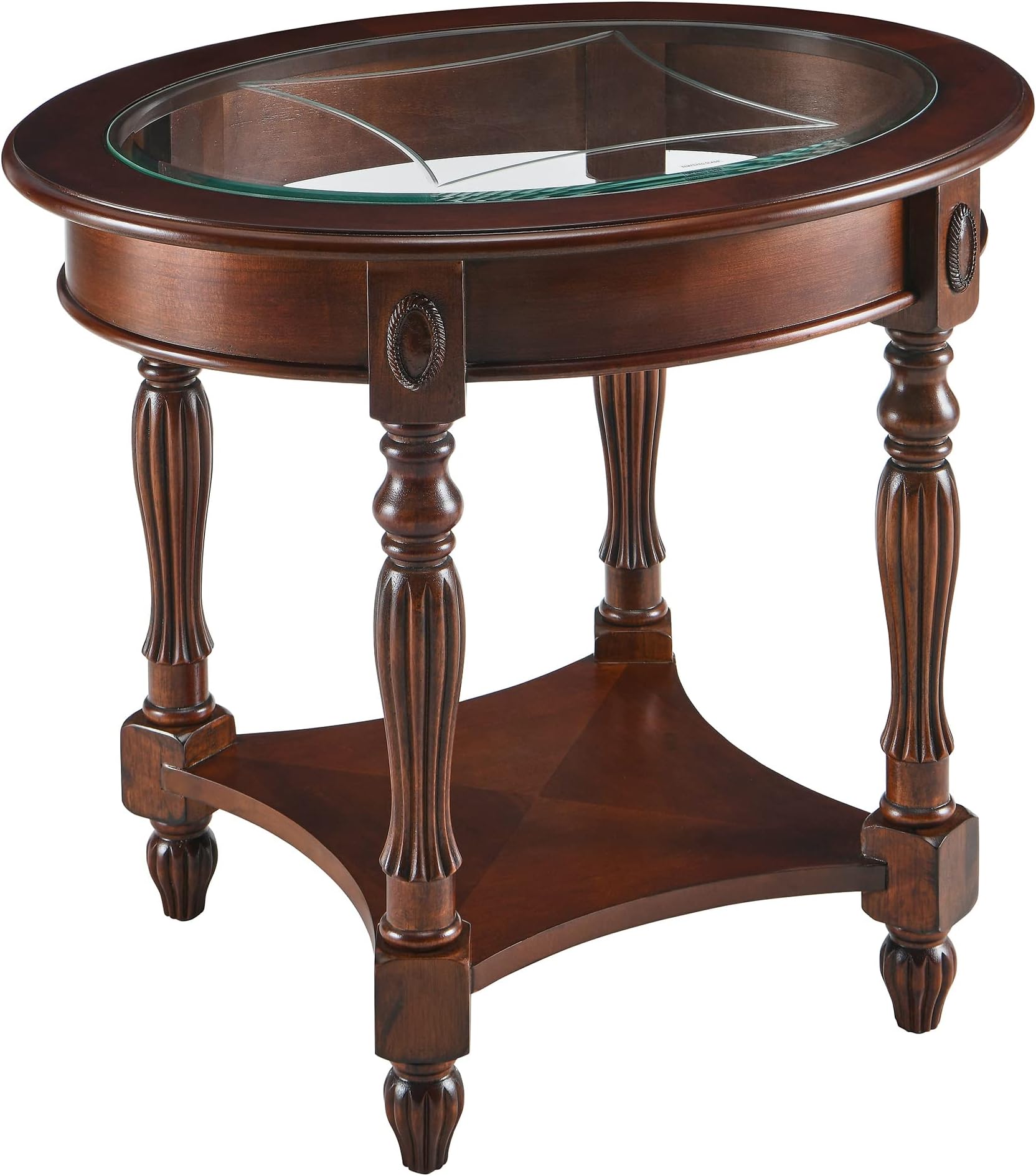LEEMTORIG Oval Round Glass End Table, 2-Tier Solid Wood Glass Top End Side Tables, Traditional Victorian Nightstand for Bedroom Living Room Office, 28" W x 22" D x 24.2" H, Cherry Walnut CJZ-1533-GT