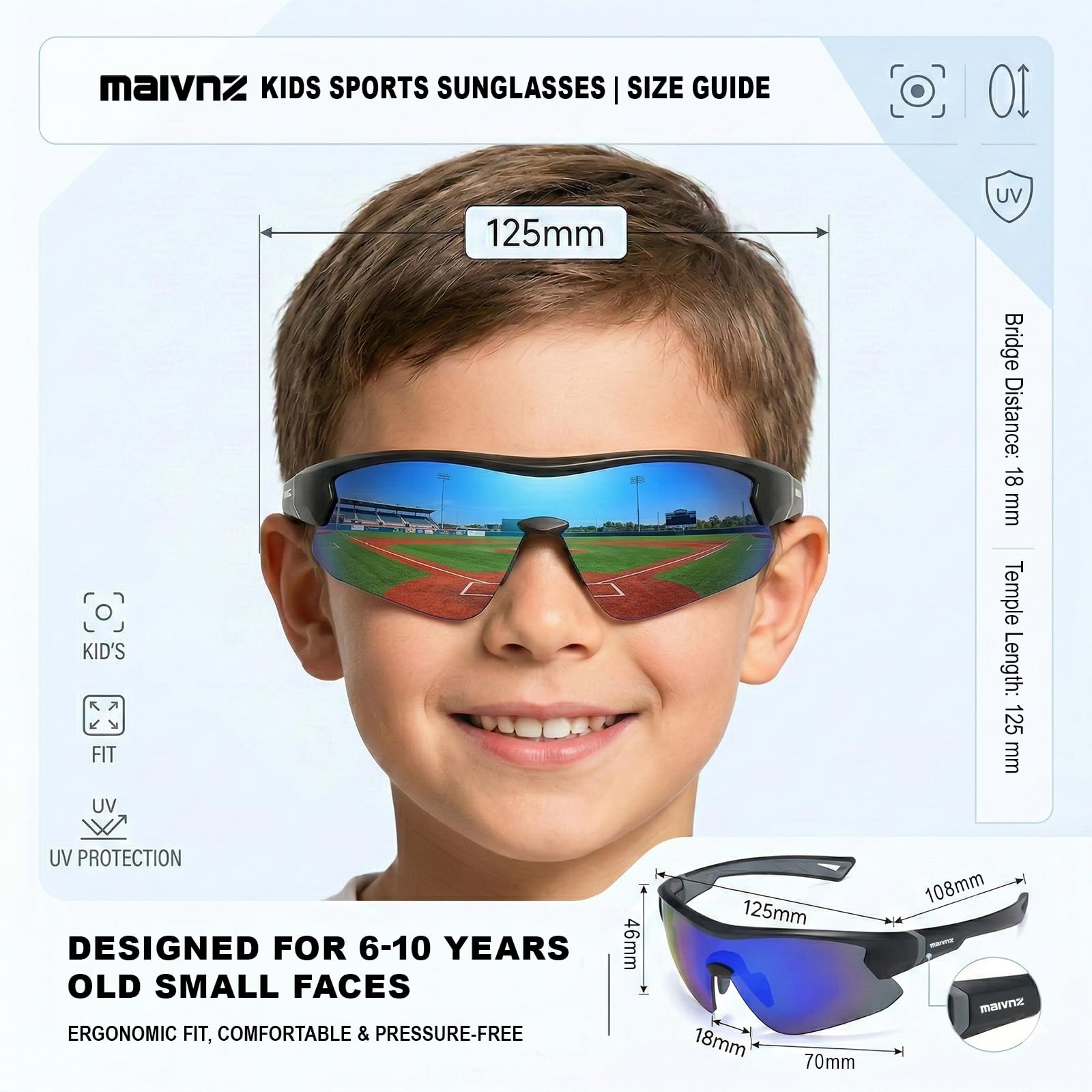 maivnz Okulary przeciwsłoneczne baseballowe dla chłopców i dzieci w wieku 8-14 lat, pancerne okulary przeciwsłoneczne UV400 Softball (czarne/niebieskie)