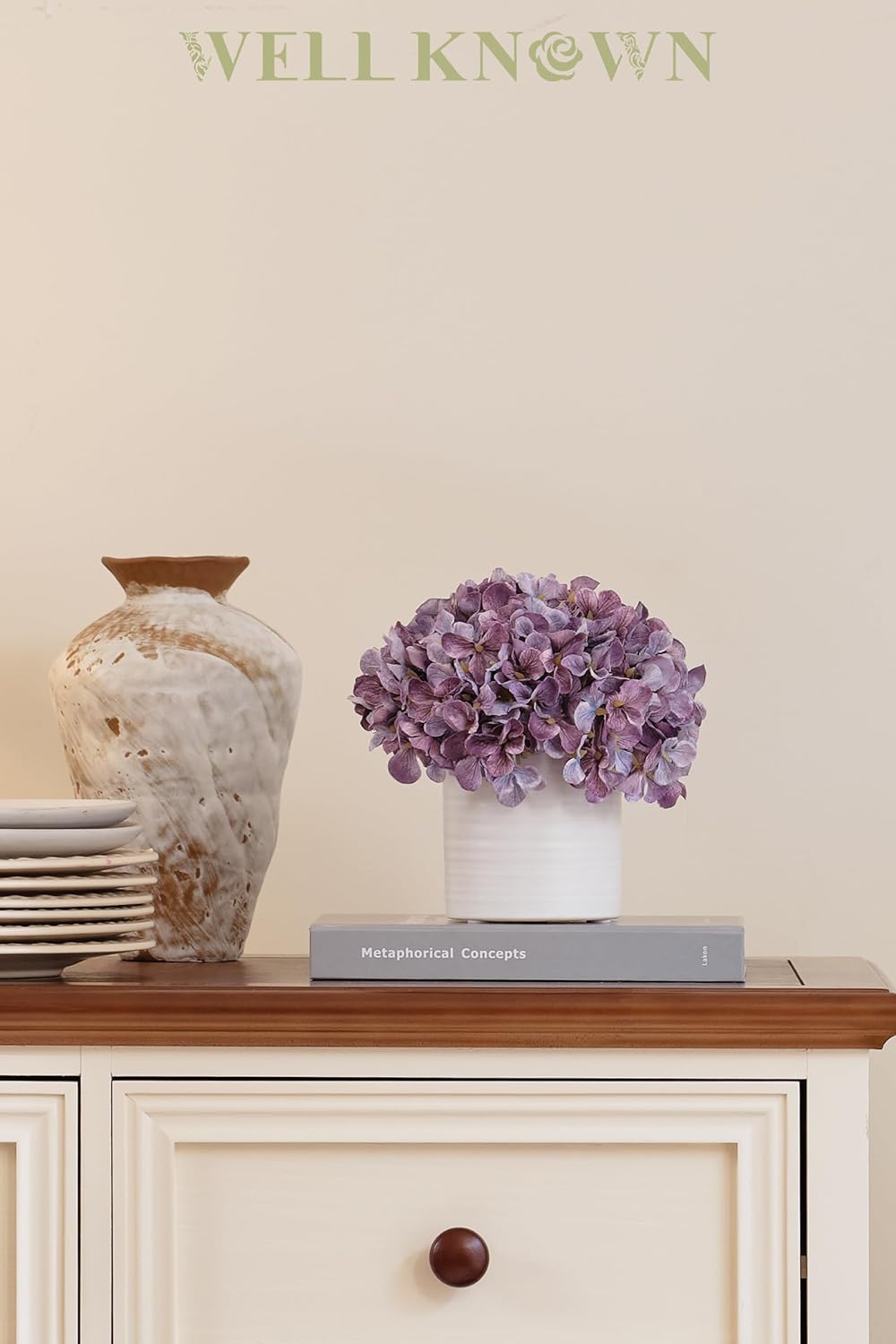 Hydrangea Fake Flowers in Vase, Artificial Flowers with Ceramic Vase Small Faux Potted Floral Arrangements for Bathroom Home Desk Kitchen Counter Vanity Shelf Coffee Table Centerpiece Decor (Purple)