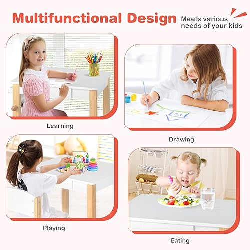 Miniatura 5 de Costzon Juego de mesa y silla para niños, escritorio de estudio para niños pequeños con rollo de papel, cajón, 2 rotuladores, juego de mesa de
