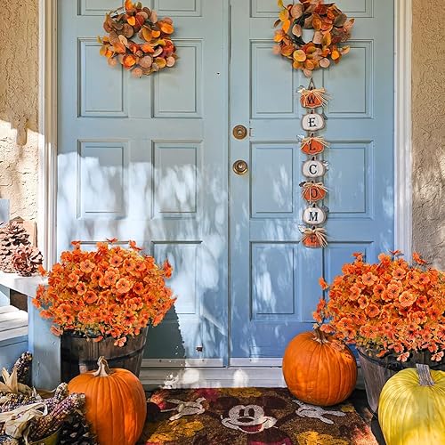 Miniatura 5 de Paquete de 12 flores artificiales de otoño naranja, para interiores y exteriores, tallos florales de seda sintética para el hogar, jardín, porche,