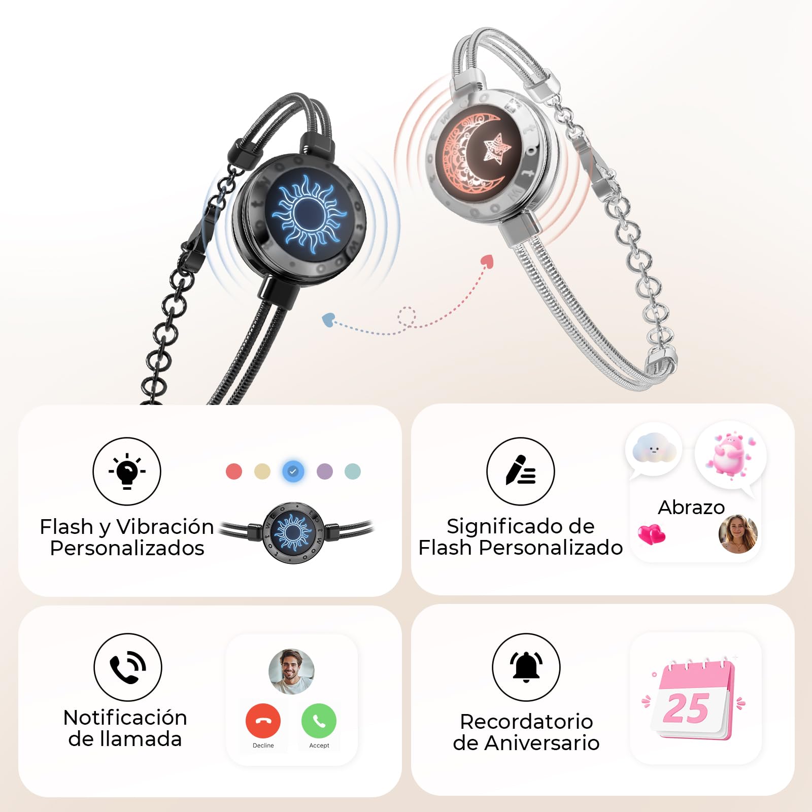 TOTWOO Pulseras de Pareja con Vibración, Iluminación y Toque a Distancia, Emparejamiento Bluetooth Uno a Uno por App, Regalo Romántico para Parejas a Distancia, Acero Inoxidable 316