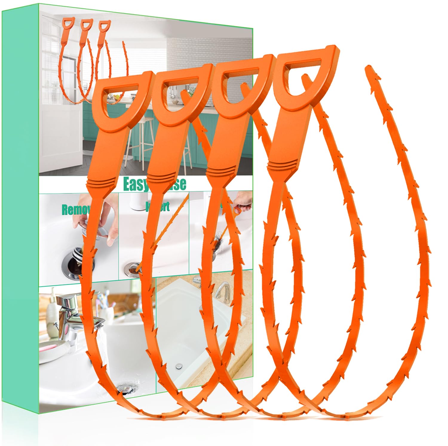 Drain Snake Hair Clog Remover, Sink & Shower, 4 Pack, Orange