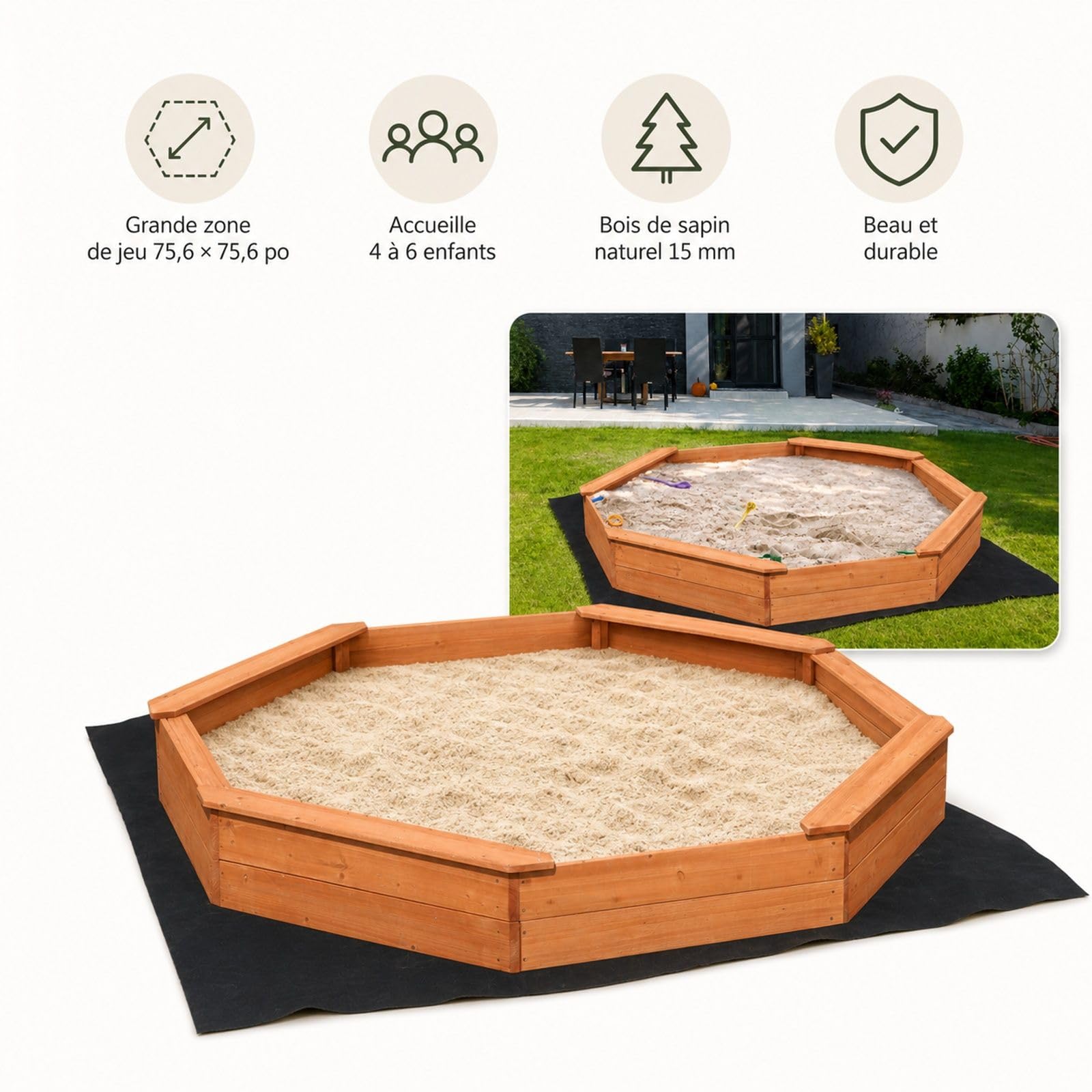 Achteckiger Sandkasten aus Holz mit Abdeckung und 4 Sitzplätzen für Garten und Außenbereich