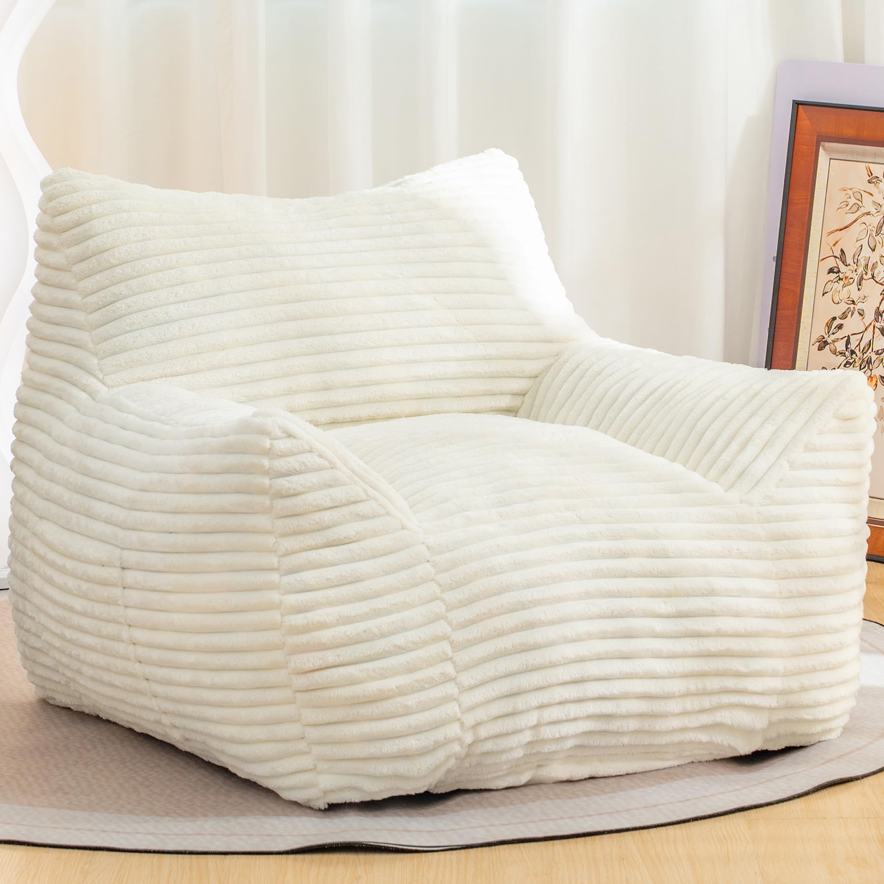 Oversized Bean Bag Chair for Adults with Filler Included, Comfy Corduroy Beanbag with Armrests and Back,Memory Foam Bean Bag Chair for Teens (White)