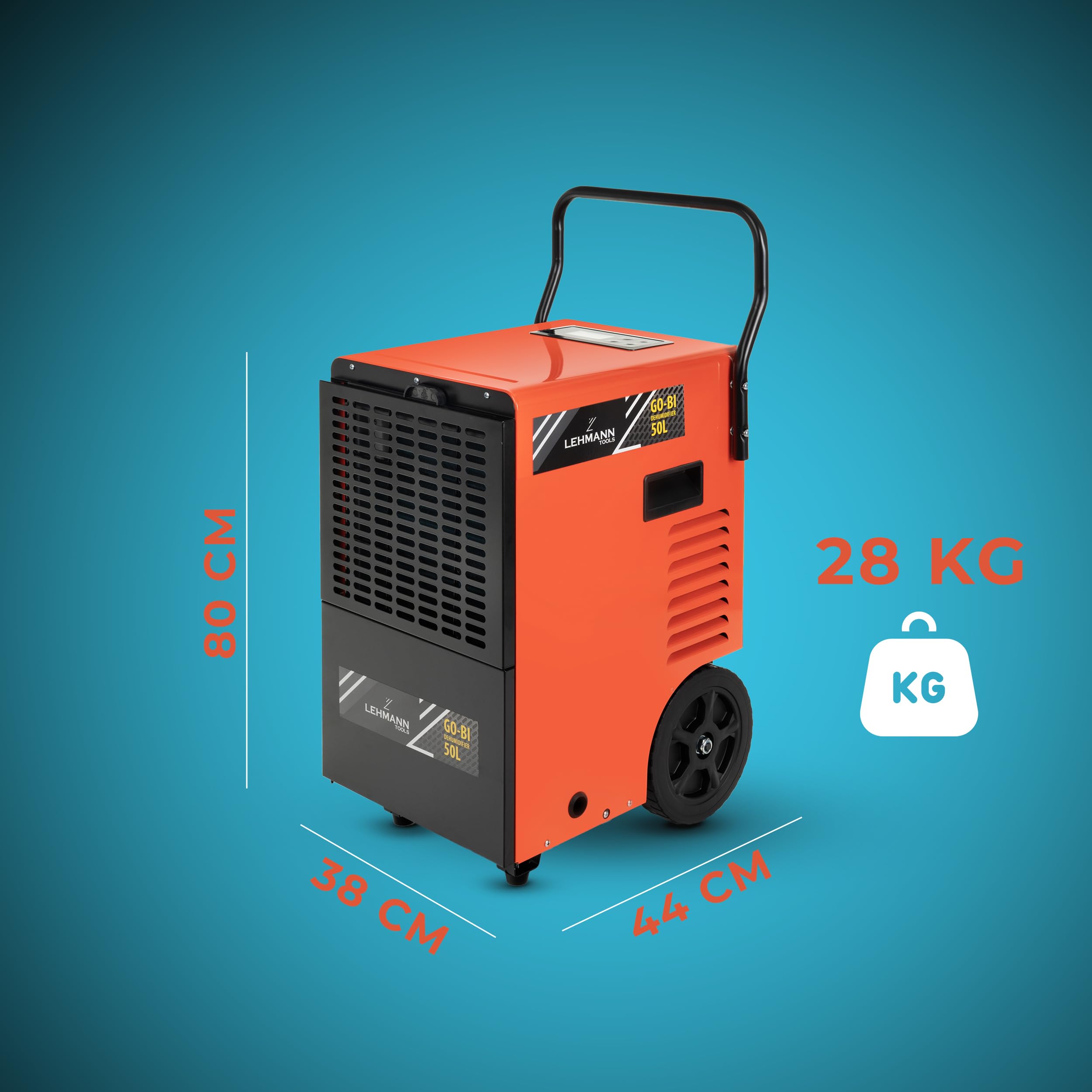 Lehmann LTODH-0950 osuszacz powietrza GO-BI | wydajność osuszania do 50 l/dzień | osuszacz przemysłowy | nadaje się do pomieszczeń i piwnic do 120 m²