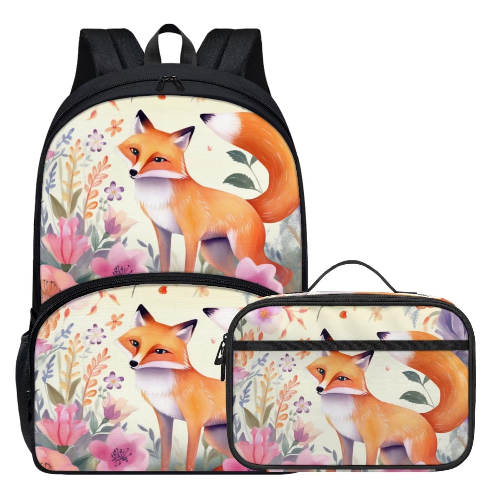 Animal Print Backpack Set for Girls Illustration Style Beige Floral Fox Backpack with Lunch Box Elementary Student Outing Daily Lightweight 17 Inch