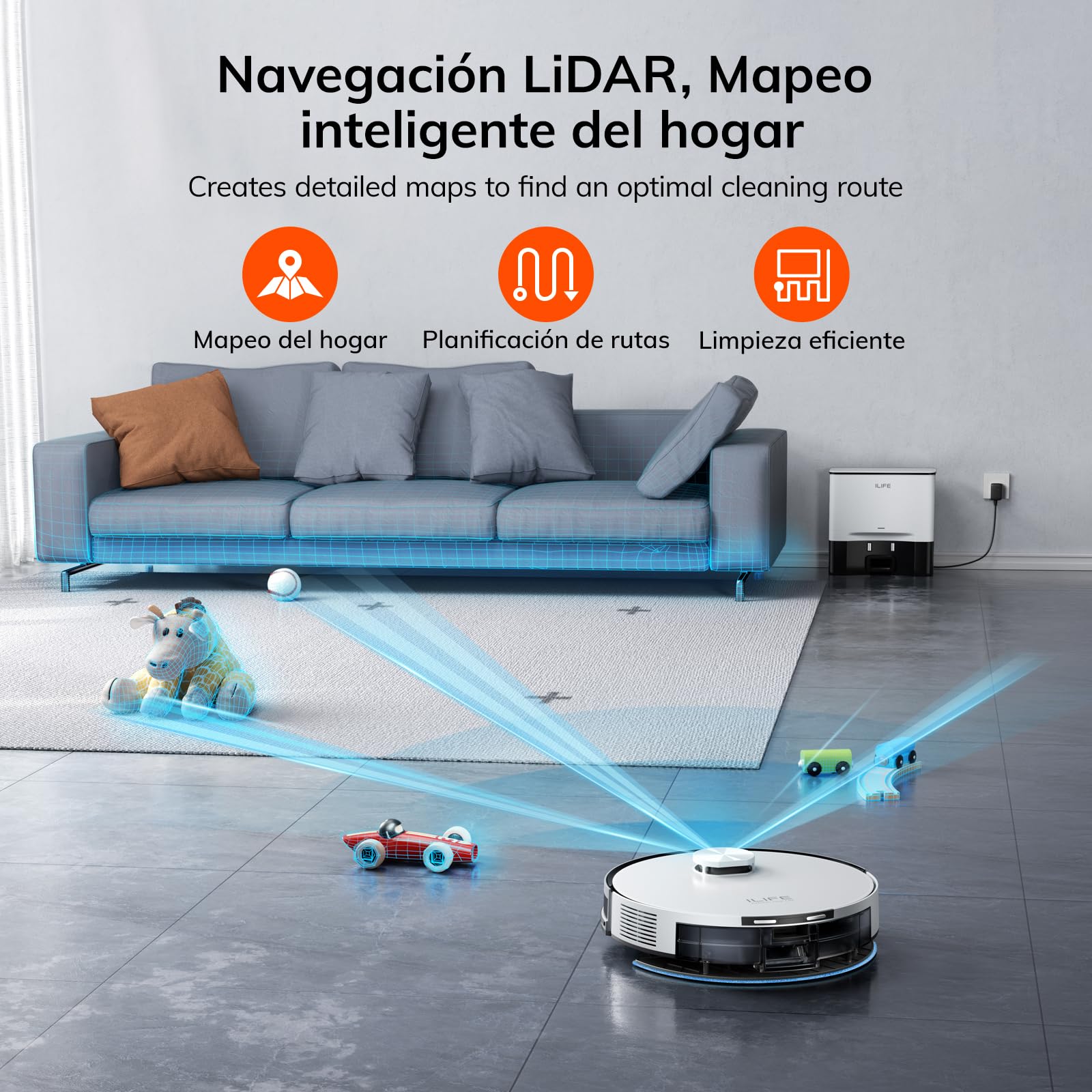 ILIFE A30 Pro Aspiradora y Trapeador, Estación de Autovaciado para 60 Días, Succión 5000Pa, Navegación LiDAR, WiFi 2.4G/App | Succión 5000Pa, Navegación LiDAR, WiFi 2.4G/App/Alexa/Control Remoto, Cepillo Rodillo para Alfombras y Suelos Duros