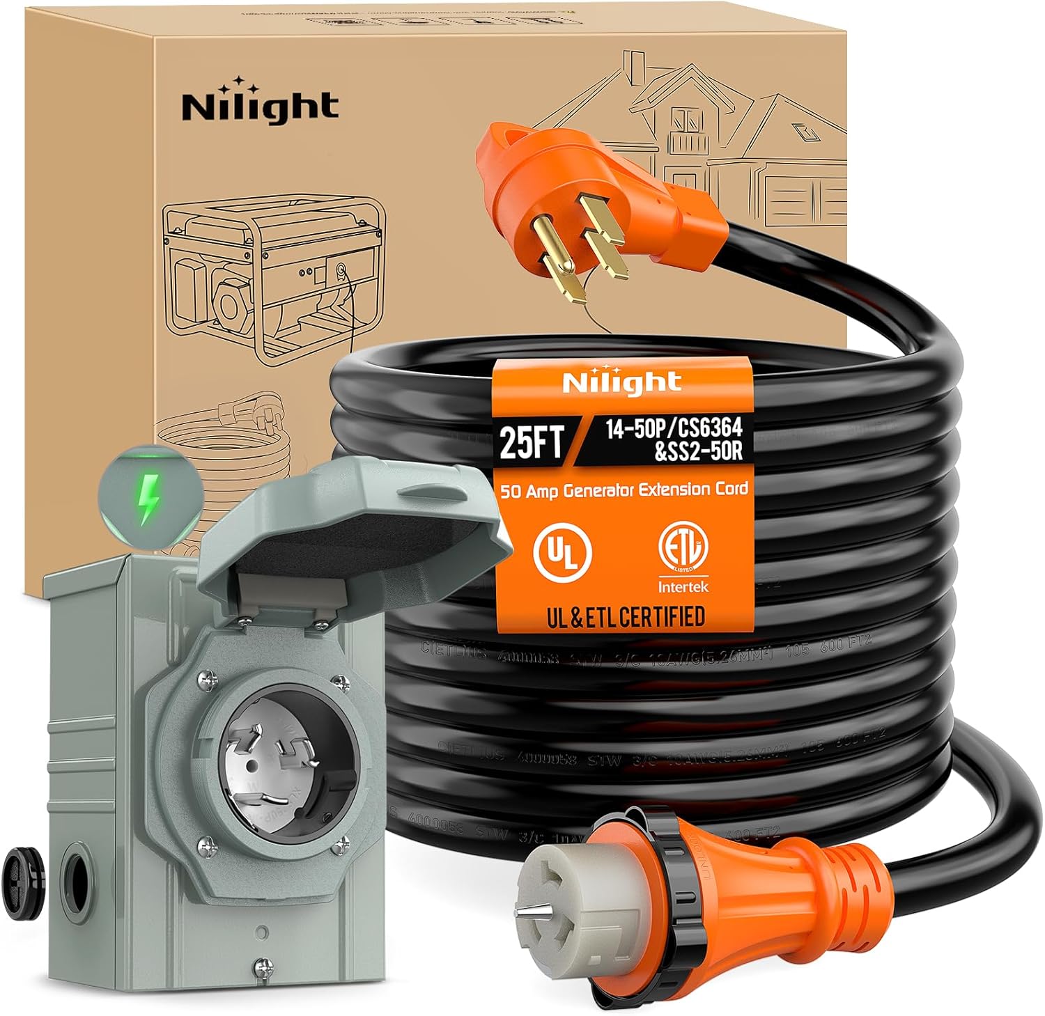 Nilight 50A 25FT Generator Extension Cord and Power Inlet Box 125/250V Heavy Duty 6/3+8/1 Gauge STW ETL Listed NEMA 14-50P/SS2-50R Twist Lock Connector for RV Outdoor Use