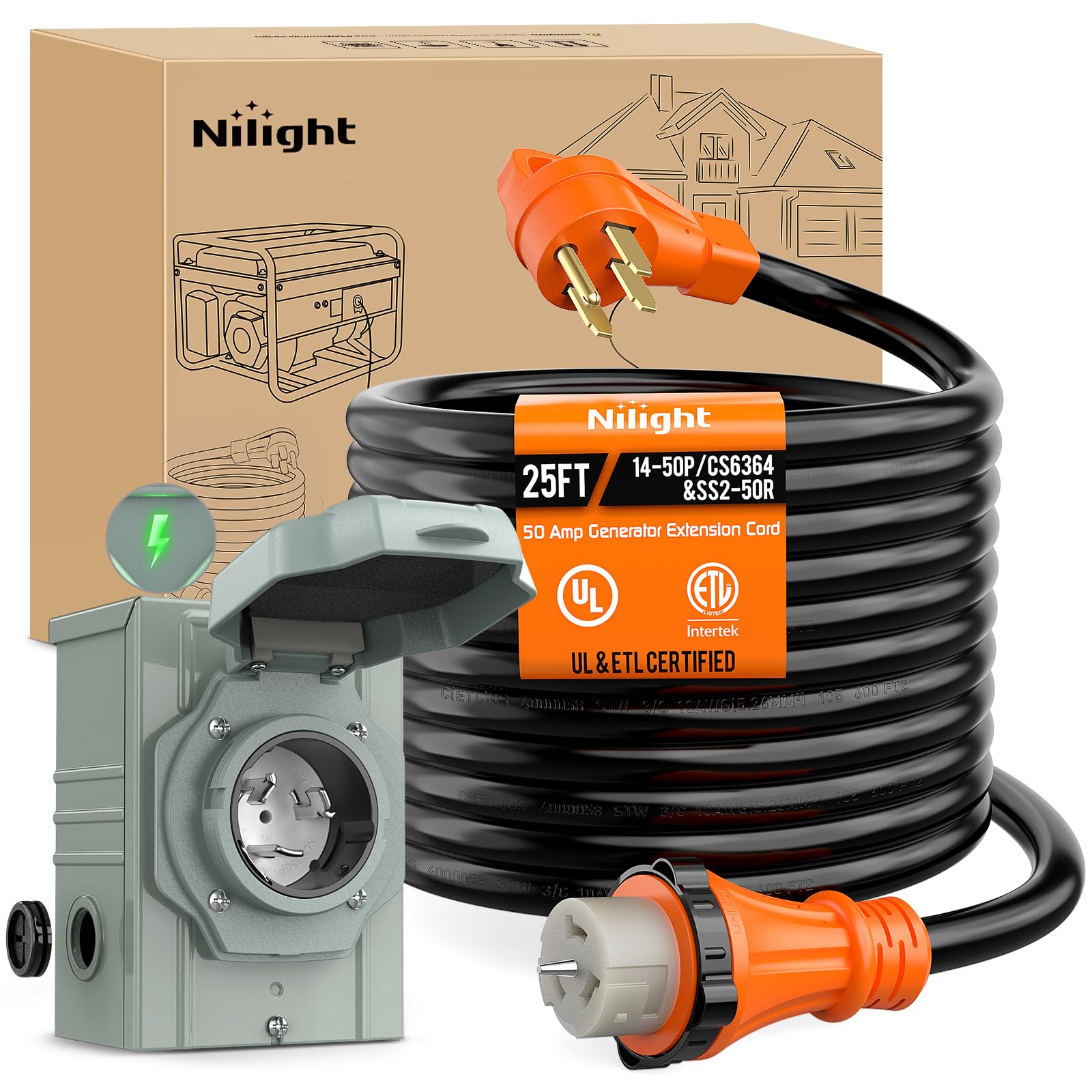 Nilight 50A 25FT Generator Extension Cord and Power Inlet Box